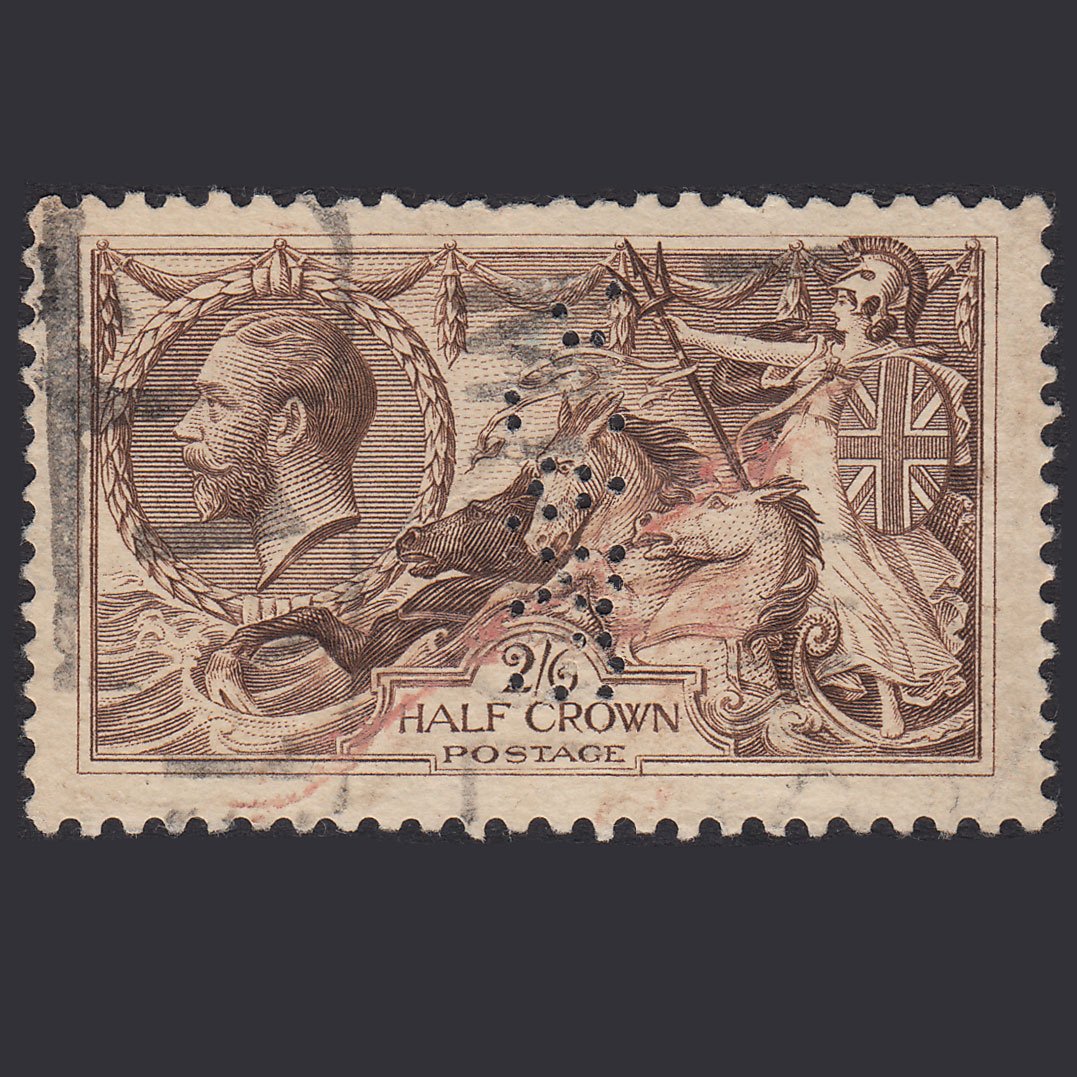 GB KG5 1918 2/6 Chocolate-Brown Seahorses SG414-N65(2) GU Pears Perfin