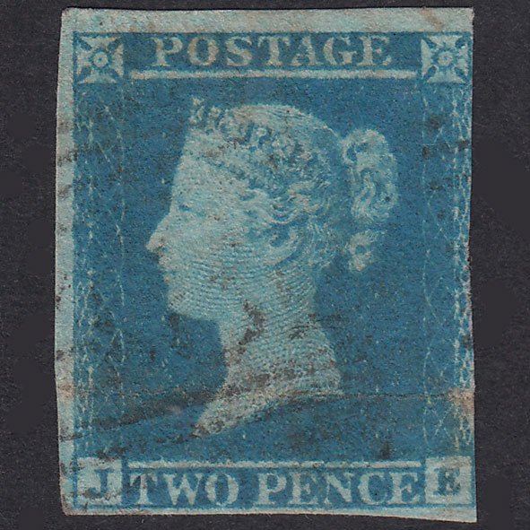 GB QV 1841 2d Blue Plate 4 SG14-E1(2) JE PU 3 Margins Light Cancel