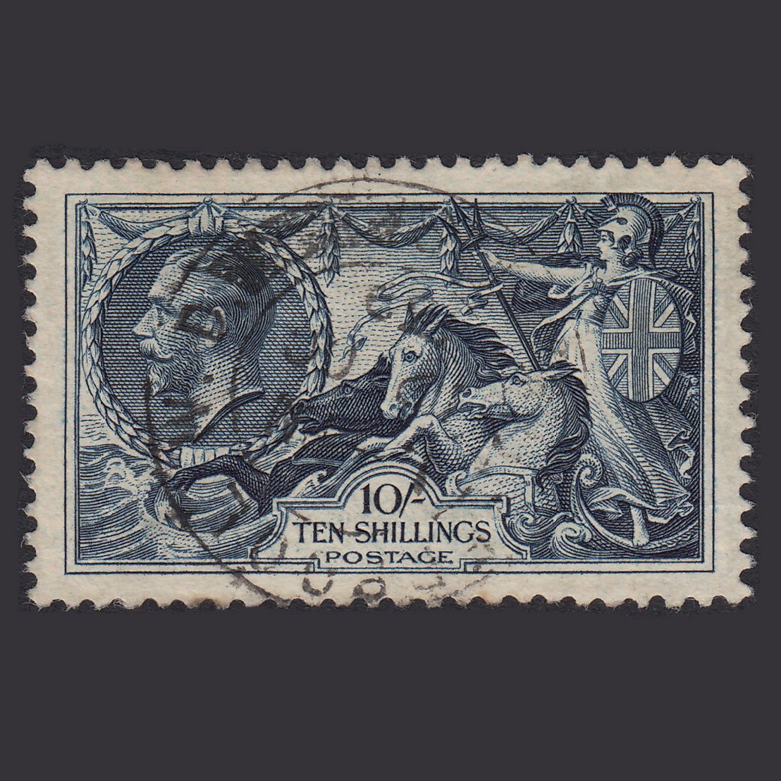 GB KG5 1934 10/- Indigo Seahorses SG452-N75 FU Liverpool CDS