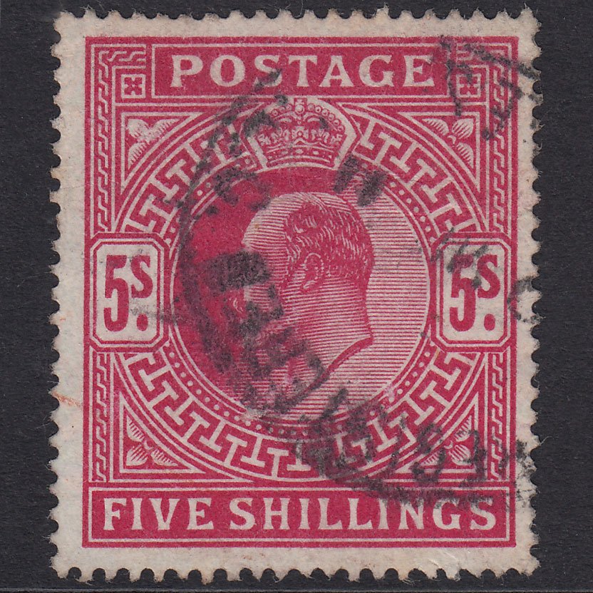 GB KE7 1902 5/- Dp Brt Carmine SG264-M51(2) GU Registered Cancel