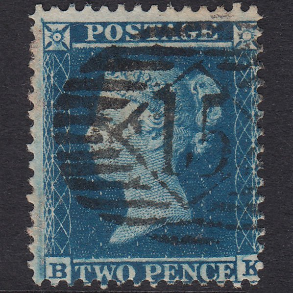 GB QV 1855 2d Blue Plate 5 SG34-F6(1) BK FU London IS 15 15.J