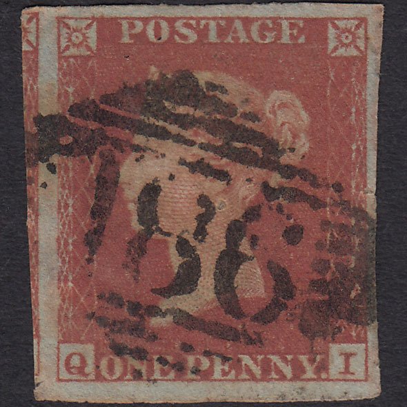 GB QV 1841 1d Red-brown (Plate 172) SG8-B2(1) QI GU 4 Margins Dublin 186