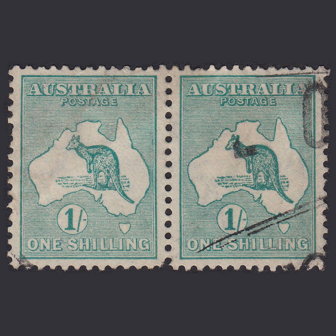 AUSTRALIA 1915 1sh Blue-Green Kangaroo SG28 GU Pair Light Cancel