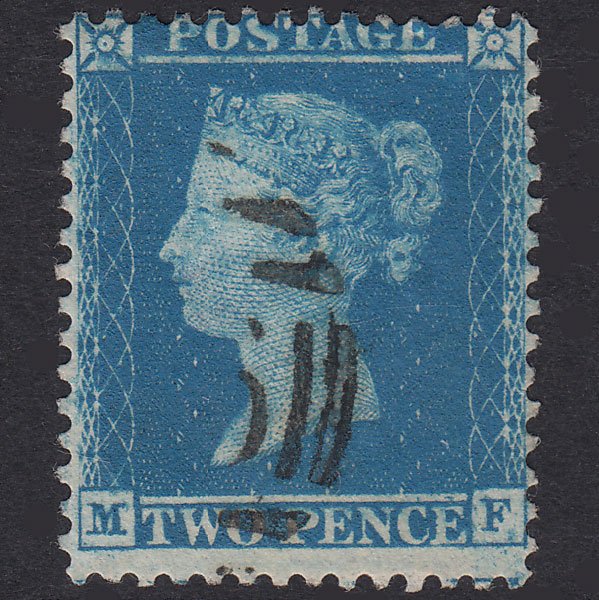 GB QV 1857 2d Blue Plate 6 SG35-F7 MF VFU Light Cancel