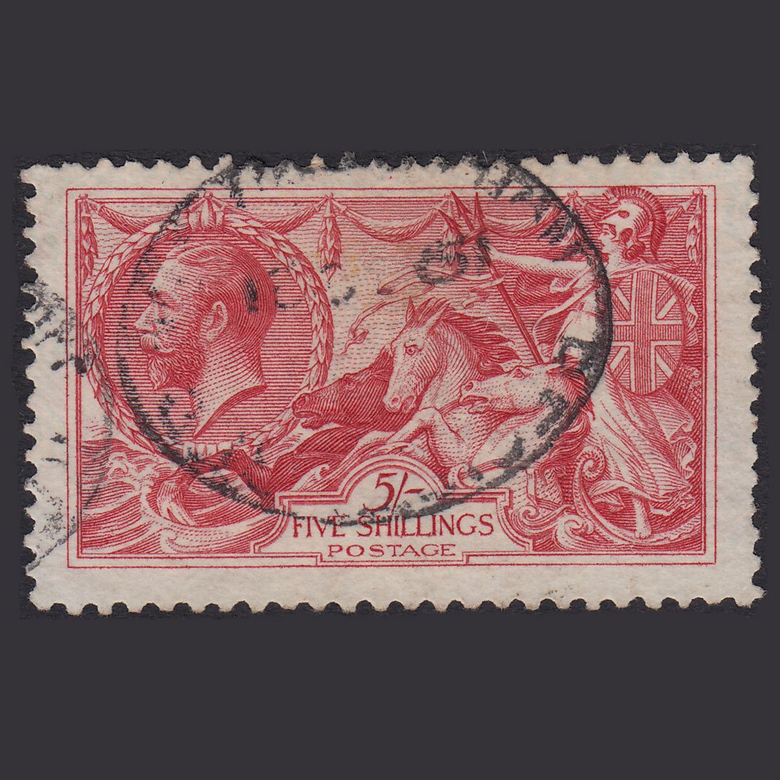 GB KG5 1918 5/- Rose-Red Seahorses SG416-N68(2) Registered Cancel