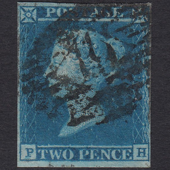 GB QV 1841 2d Blue Plate 3 SG14-E1(2) PH GU 4M London IS Scissor Cut