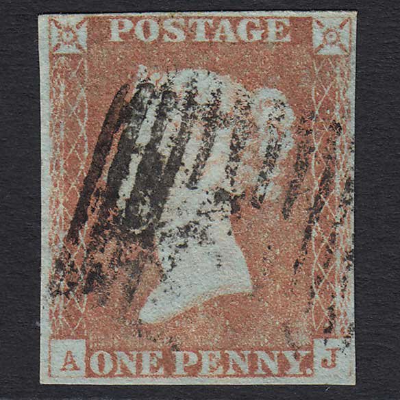 GB QV 1841 1d Pale Red-brown (Plate 72) (SG9) 'AJ' GU Scotland 4 Margins