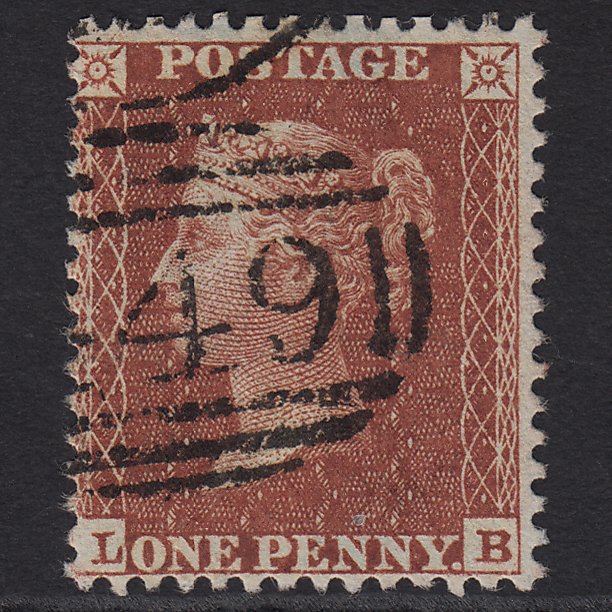 GB QV 1855 1d Red-brown (Plate 9) SGC6(1) LB VFU Leicester 449