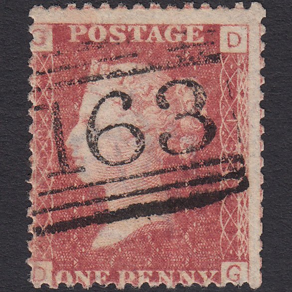 GB QV 1864 1d Lake-red (Plate 168) SG44-G1(2) DG GU Greenock 163 Misperf