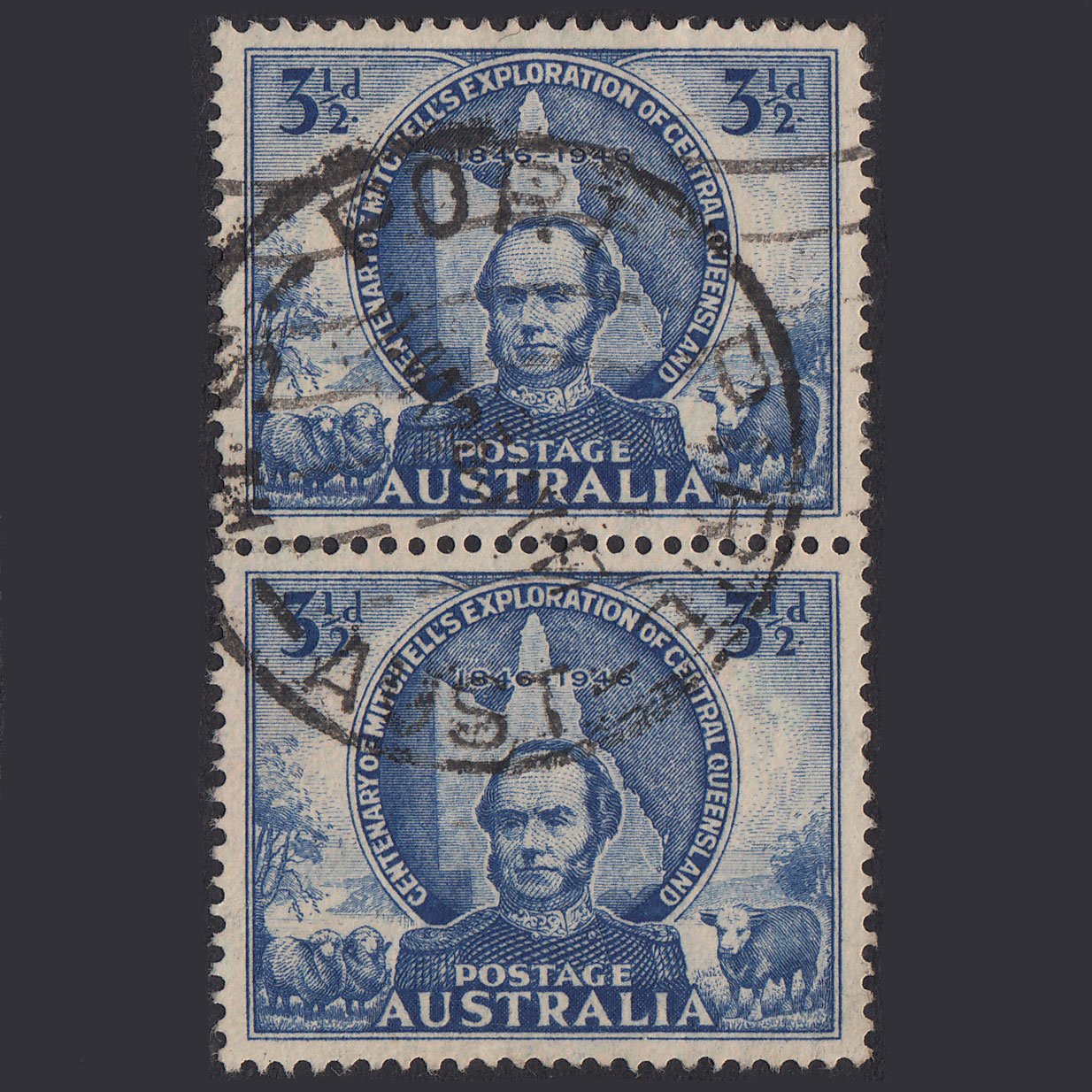 AUSTRALIA 1946 3 1/2d Blue SG217 VFU Pair Port Pirie CDS