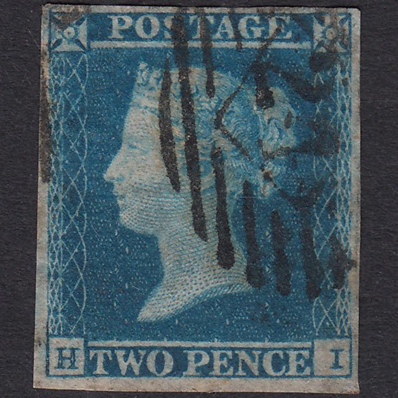 GB QV 1841 2d Blue Plate 4 SG14-E1(2) Ivory Head HI FU 4M London IS 24
