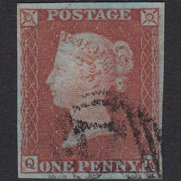 GB QV 1841 1d Red-Brown Plate 87 SG8-B1(1) QK VFU 4 Margins Light Cancel