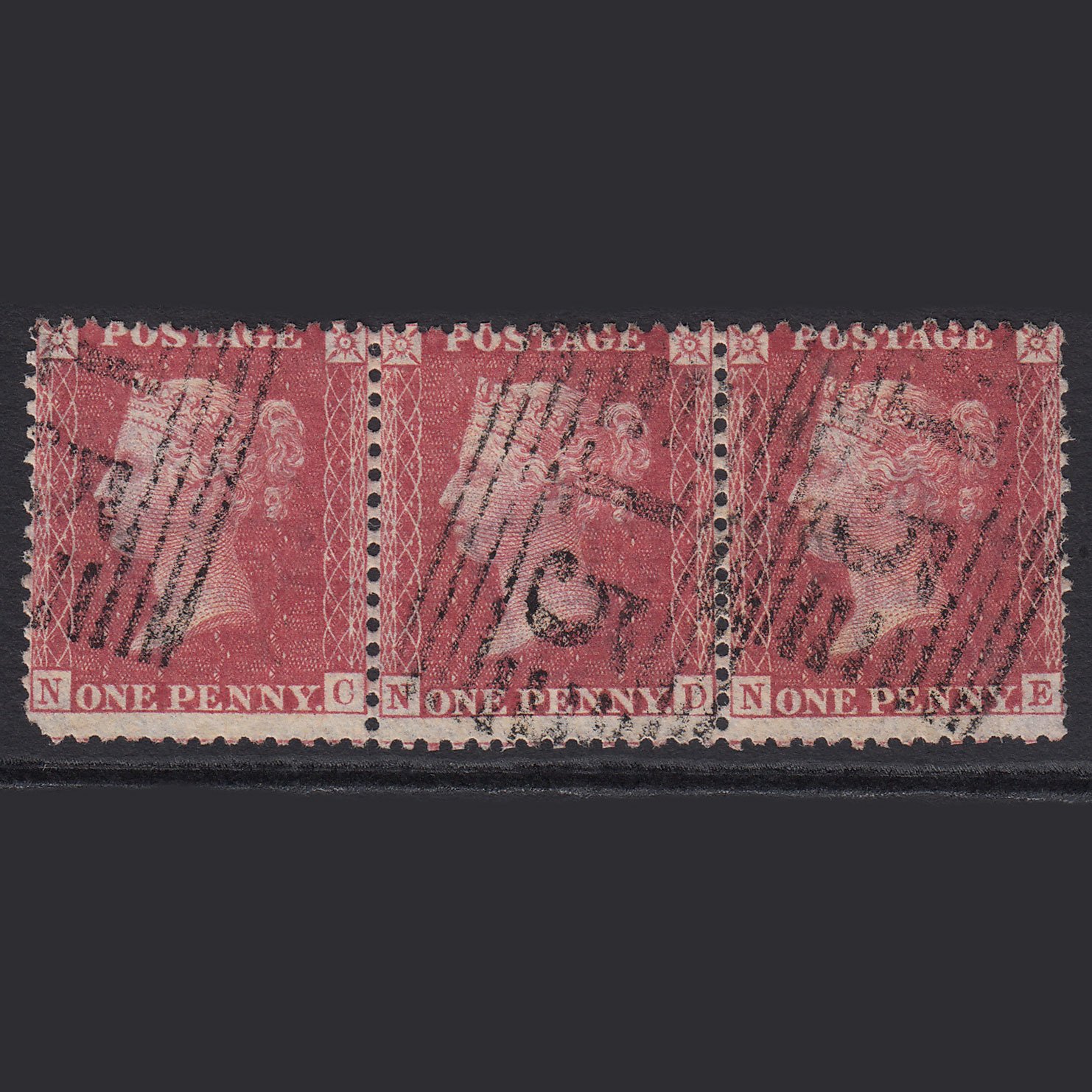 GB QV 1857 1d (Plate 34) SG40-C10(1) NC-ND-NE GU Strip OF 3 Ardrossan 15