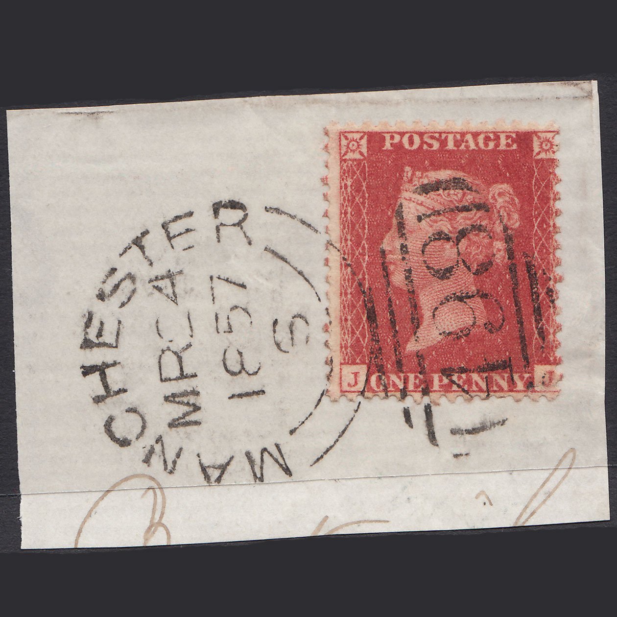 GB QV 1857 1d Bright Red (Plate 33) SGC9(4) JJ GU Manchester 498 on Piece