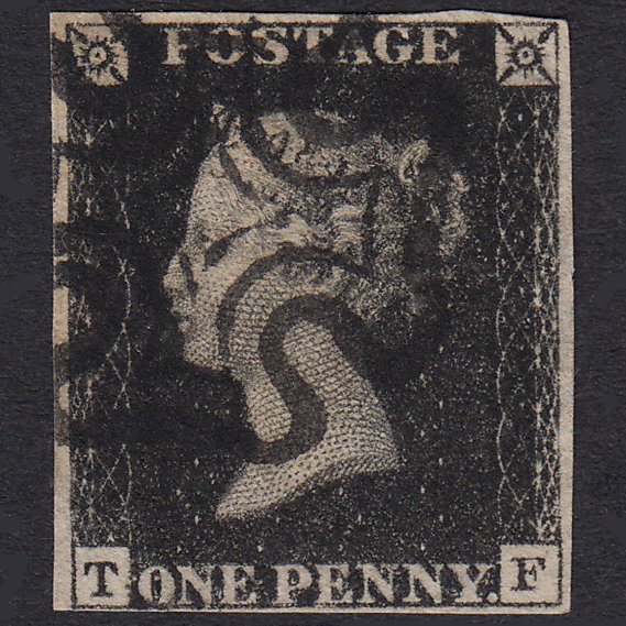 GB QV 1840 1d Black Plate 9 SG2-A1(2) TF FU 4 Margins Black Maltese Cross
