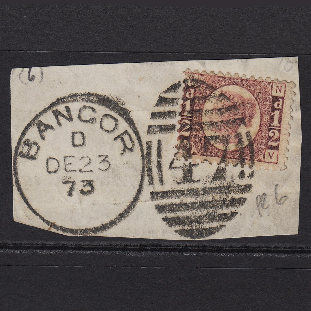 GB QV 1870 1/2d Rose (Plate 6) SG49-G4 NV FU Bangor 47 on Piece