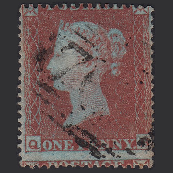 GB QV 1854 1d (Plate 180) SG17-C1(1) QB GU Light Cancel Large Misperf