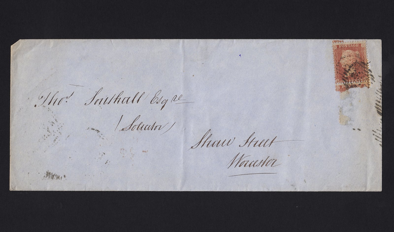 GB QV 1855 1d (Plate 5) SG Inverted S Var C6(1)h FU on Cover to Worcester