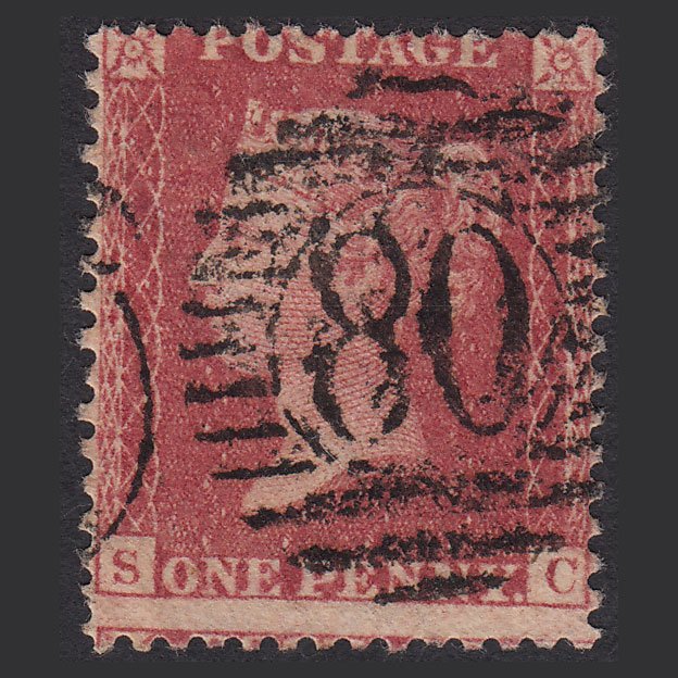 GB QV 1857 1d Rose-red (Plate 55) SG40-C10(1) SC GU London IS 80 Misperf