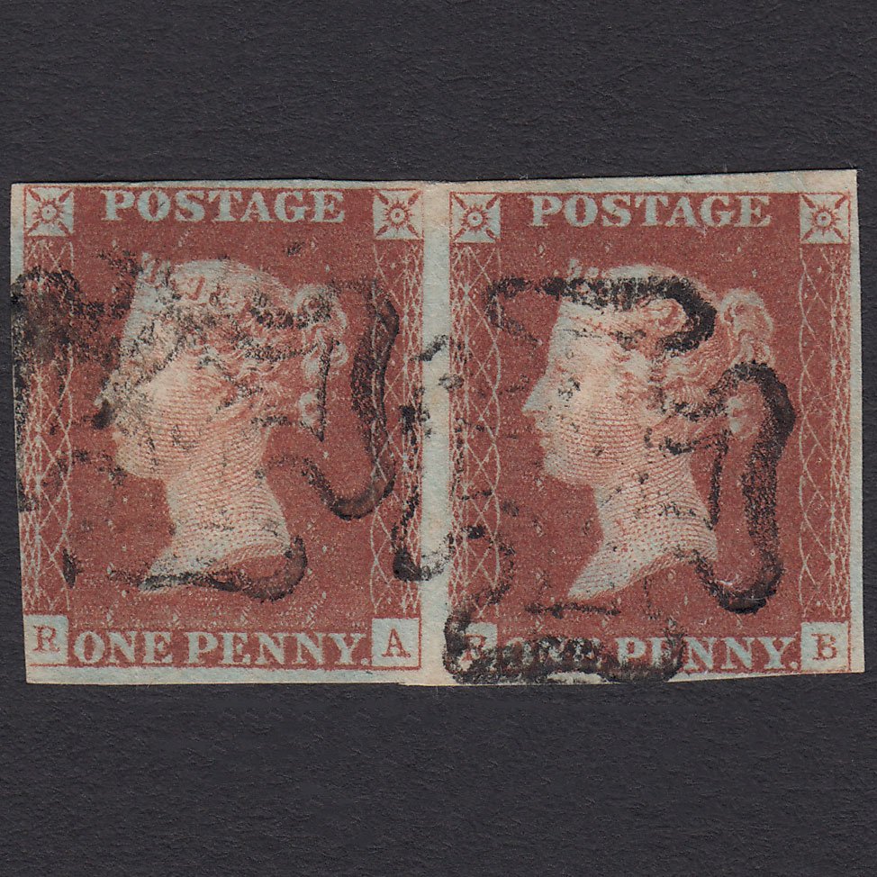 GB QV 1841 1d Red-brown Penny Black Plate 1b SG7-A2 RA-RB FU Pair MX