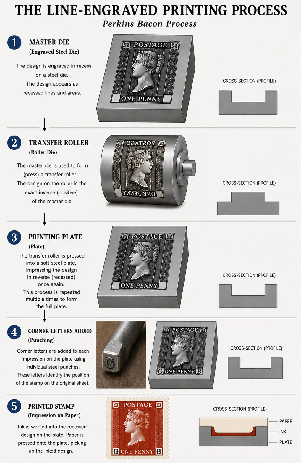 The line-engraved printing process showing the master die, transfer roller, printing plate and printed stamp