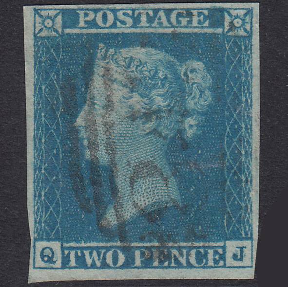 GB QV 1841 2d Pale Blue Plate 3 SG13-E1(1) QJ FU 4 Margins