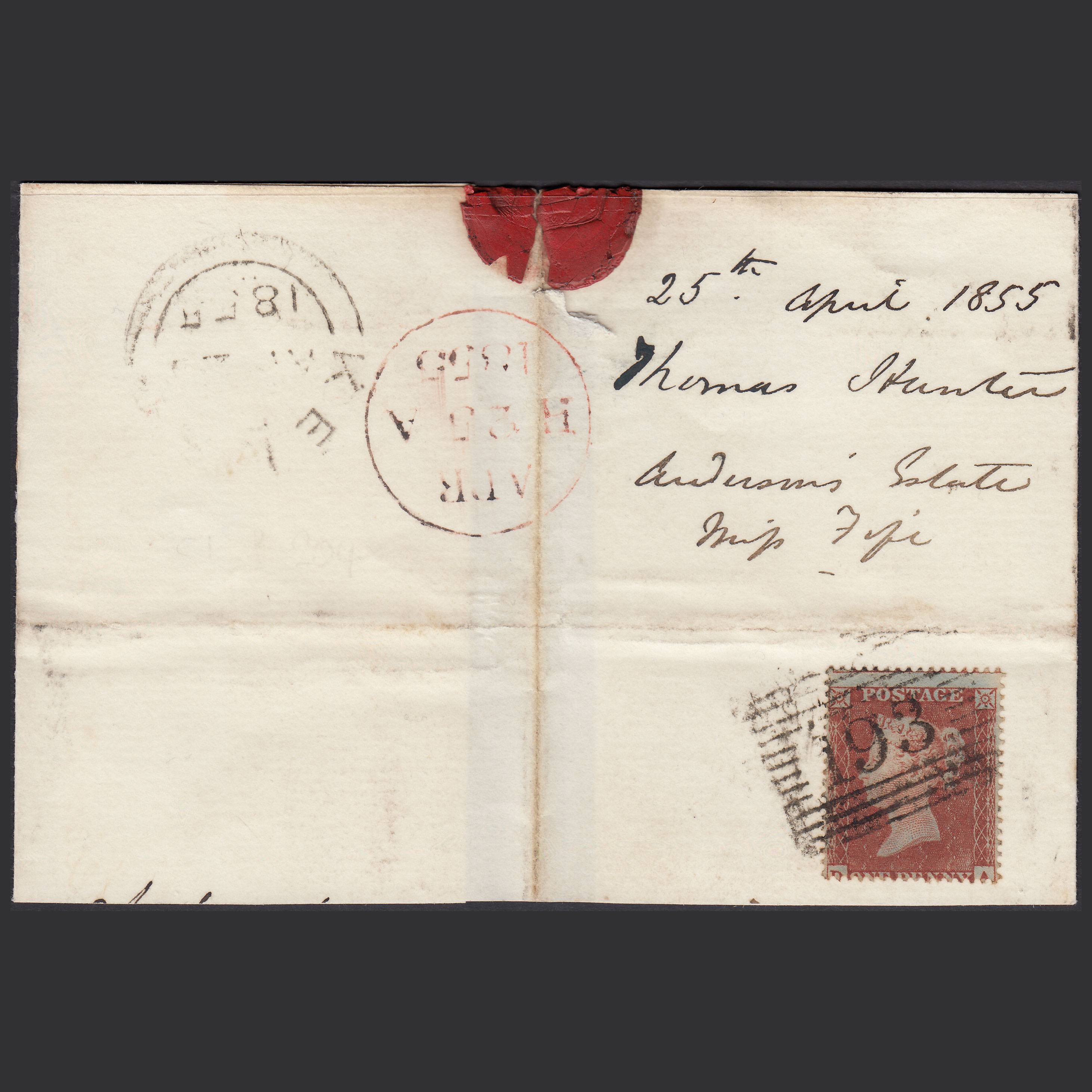 GB QV 1855 1d (Plate 163) SG17-C1(1) DA FU Kelso 193 on Partial Cover