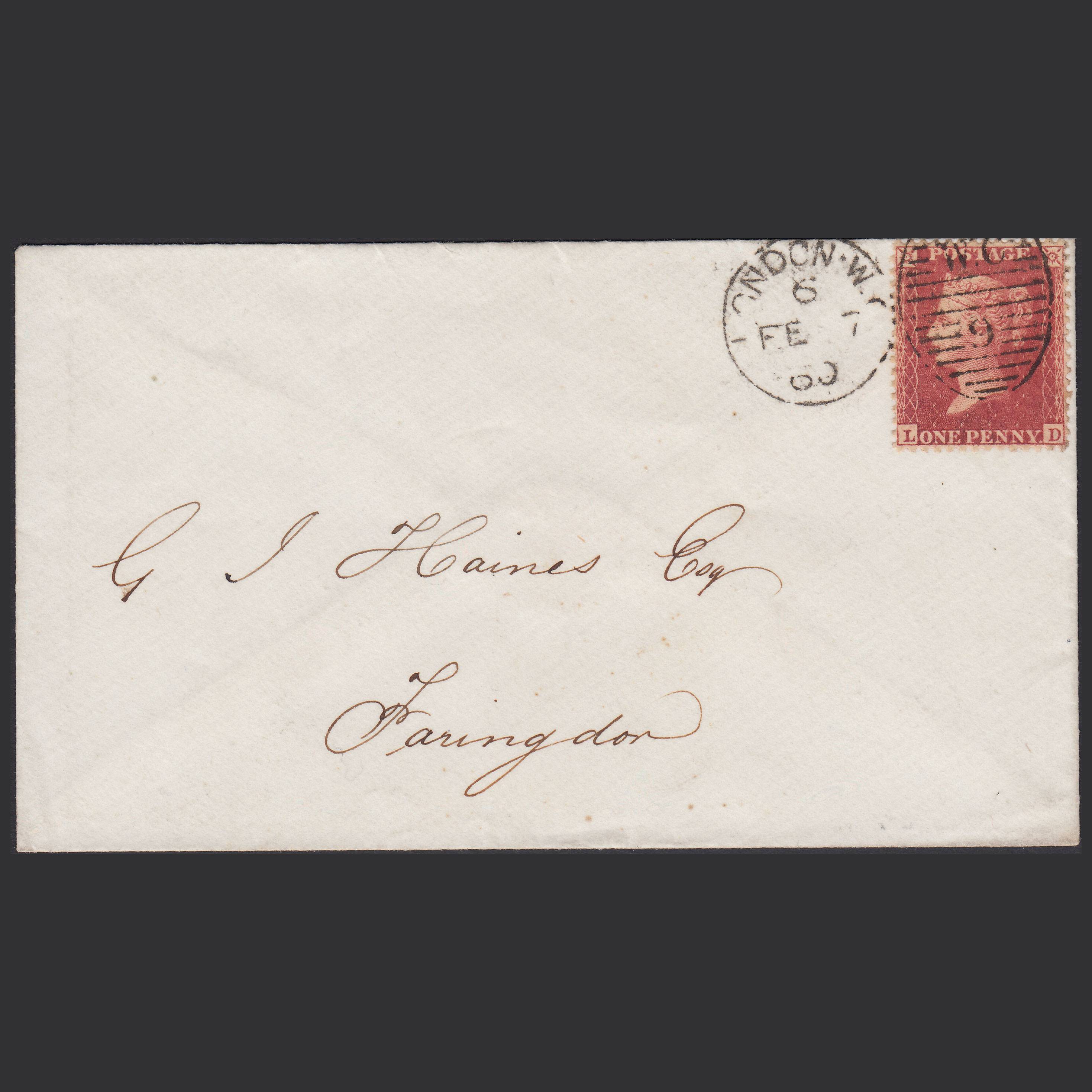 GB QV 1860 1d Rose-red (Plate 43) SG40-C10(1) LD FU London D&S WC9 Cover