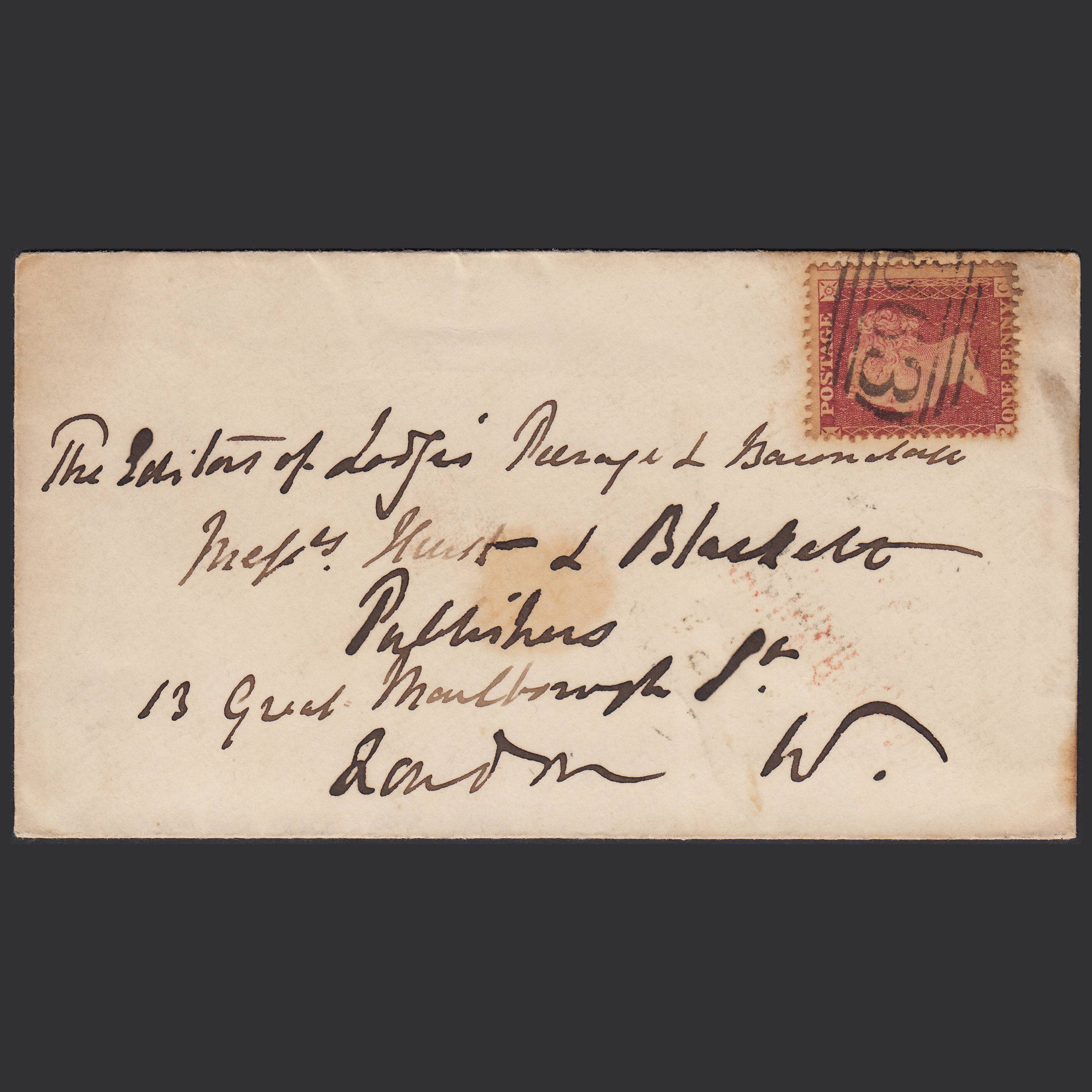 GB QV 1860 1d Rose-red (Plate 63) SG40-C10(1) PC PU Wells 863 on Cover