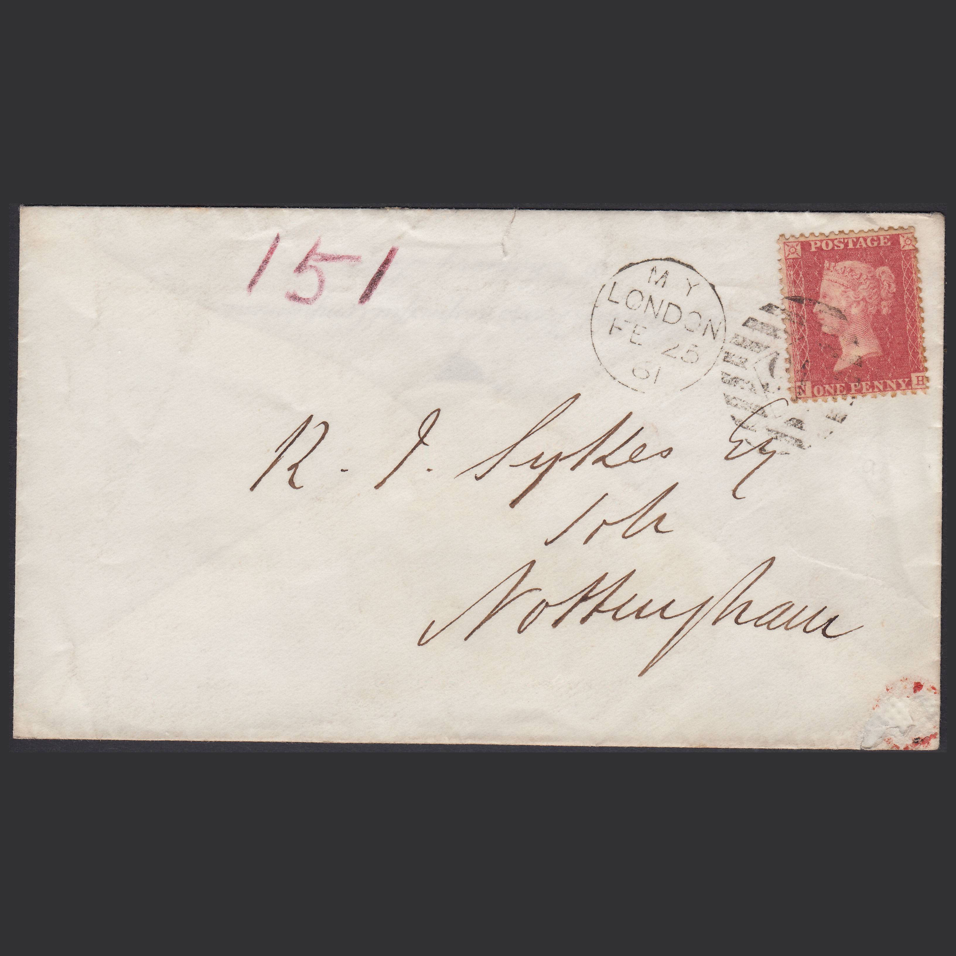 GB QV 1861 1d (Plate 64) (SG40) NH GU on London - Nottingham Cover