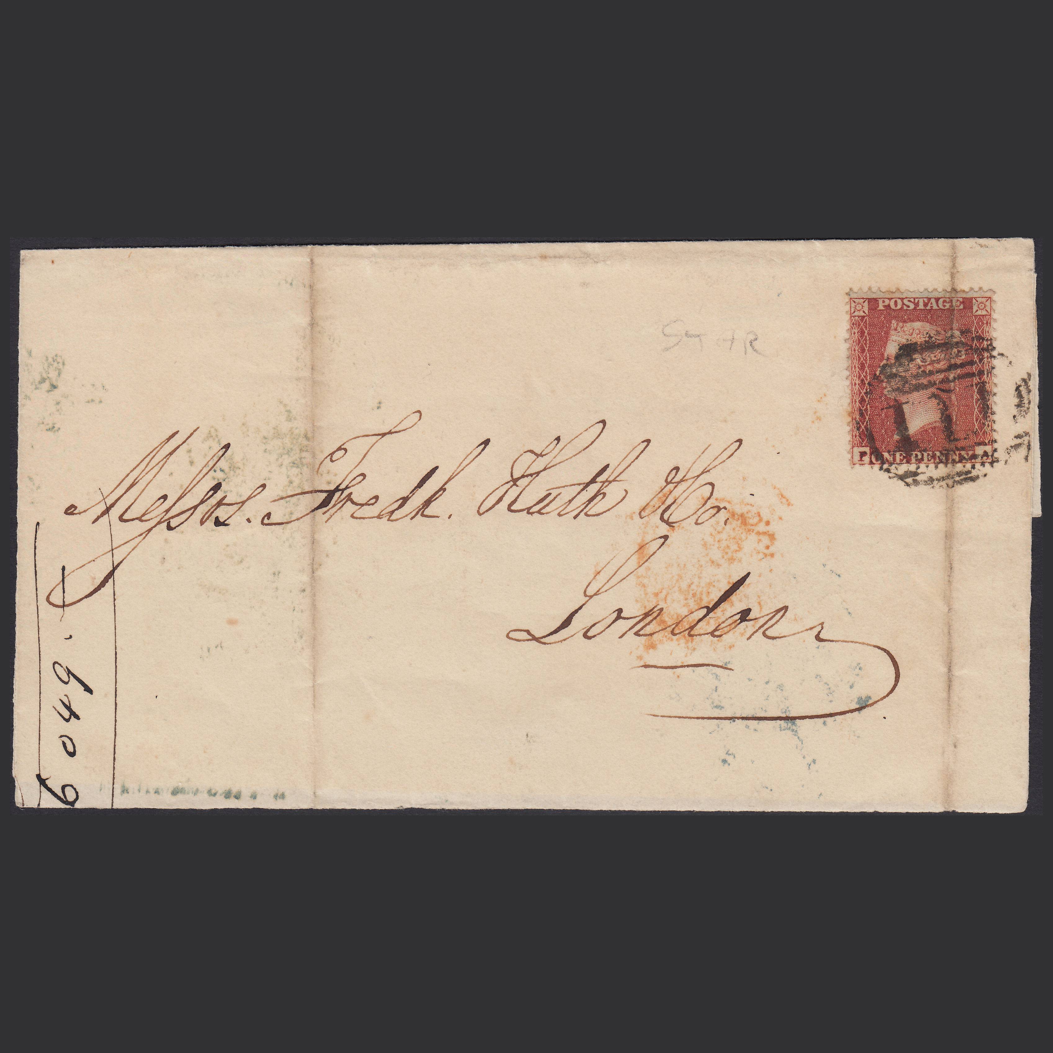 GB QV 1855 1d (Plate 4) SG21-C4(1) PA PU Bingley to London Partial Wrapper