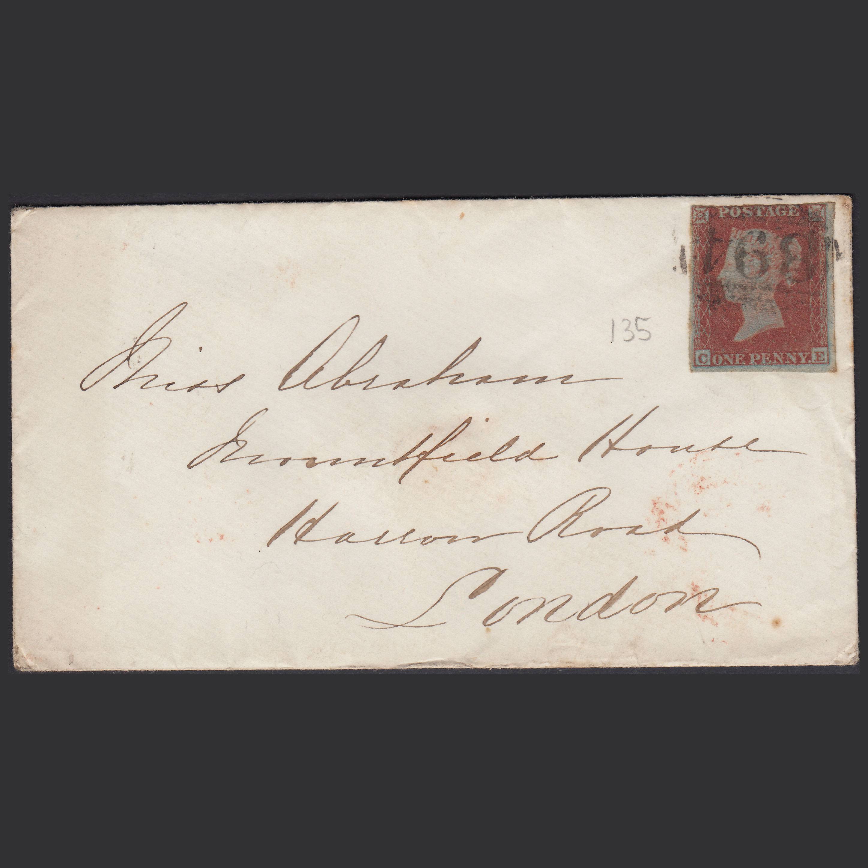 GB QV 1852 1d (Plate 135) SG8a-B1(2) CE GU Cover Winslow 894 to London