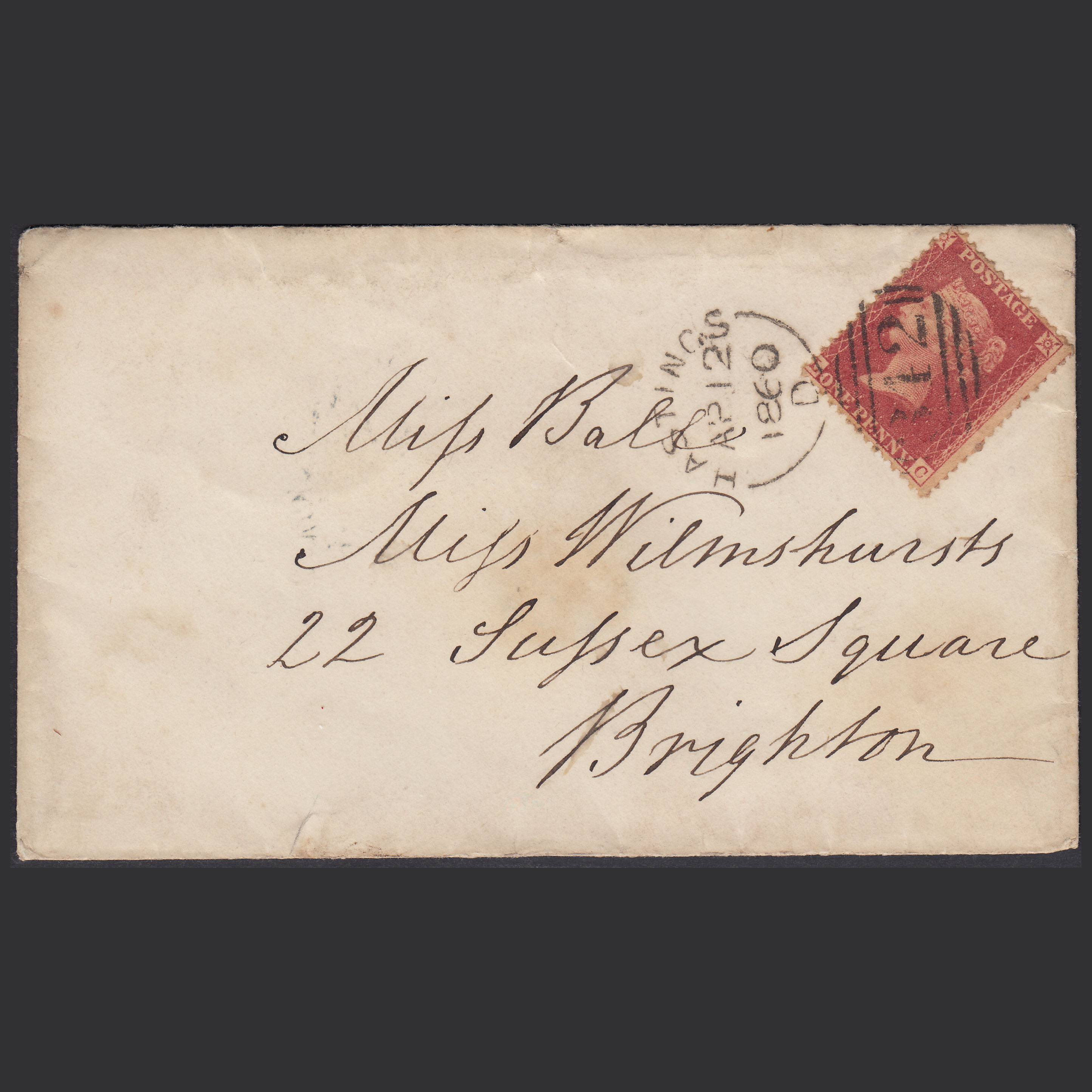 GB QV 1860 1d (Plate 36) SG40-C10(1) LC FU Hastings to Brighton Cover