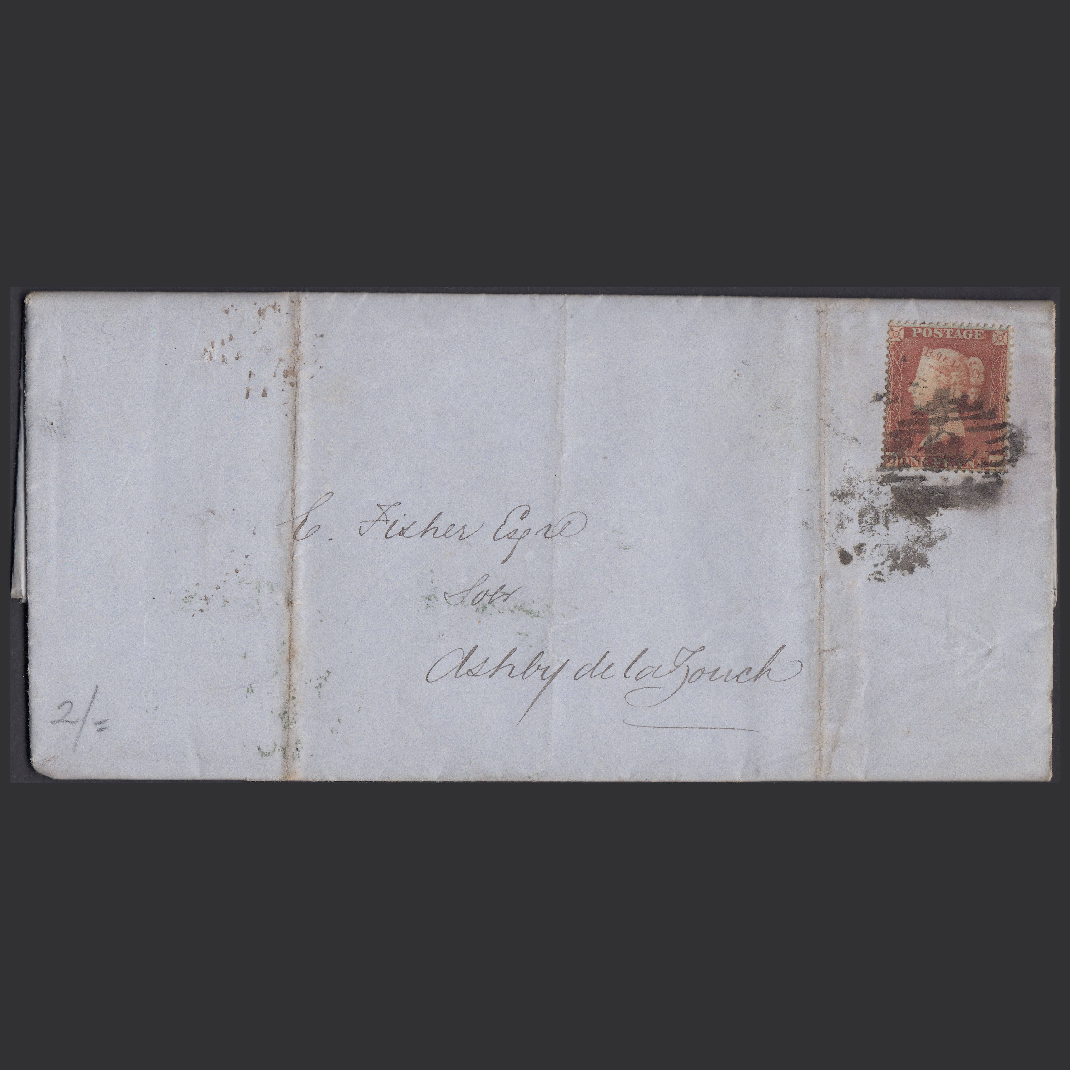 GB QV 1854 1d (Plate 176) SG17-C1(1) DG GU on Entire to Ashby DE LA Zouch
