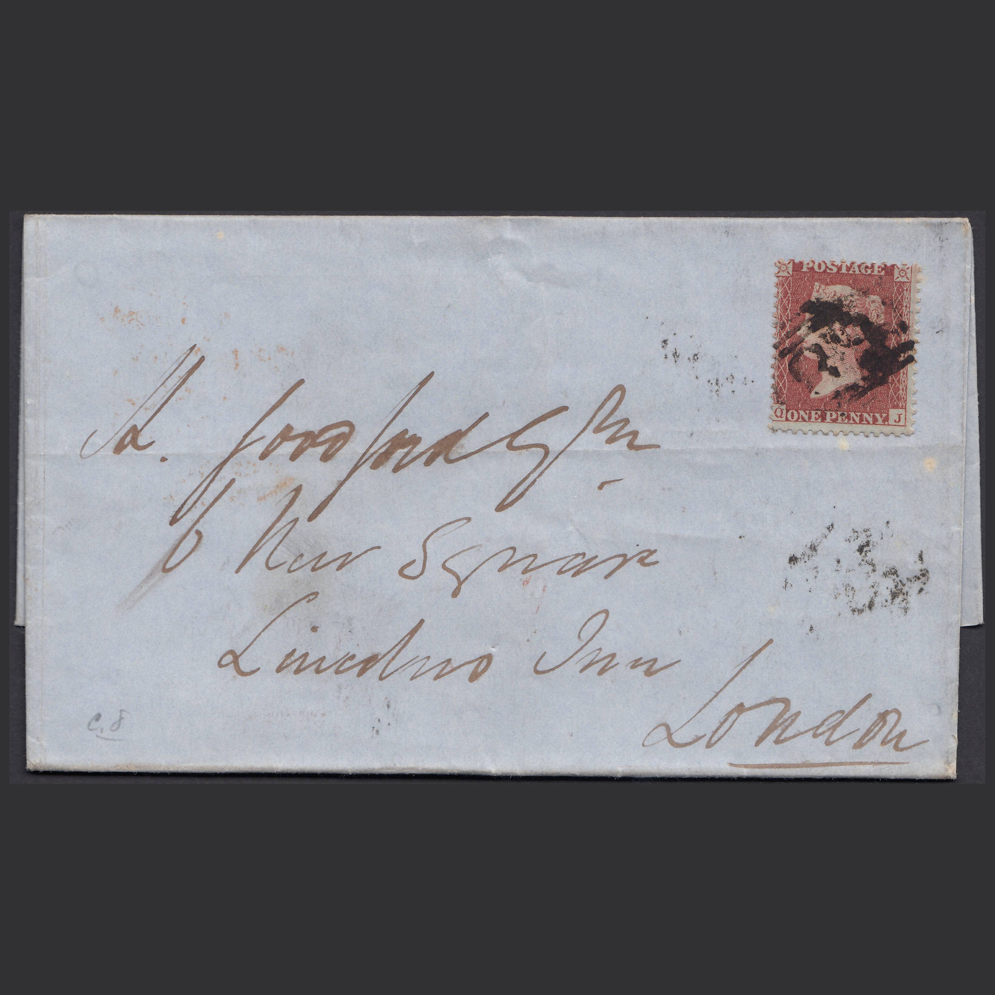 GB QV 1856 1d (Plate 25) SG29-C8(1) QJ FU on Wrapper to Lincoln's Inn London