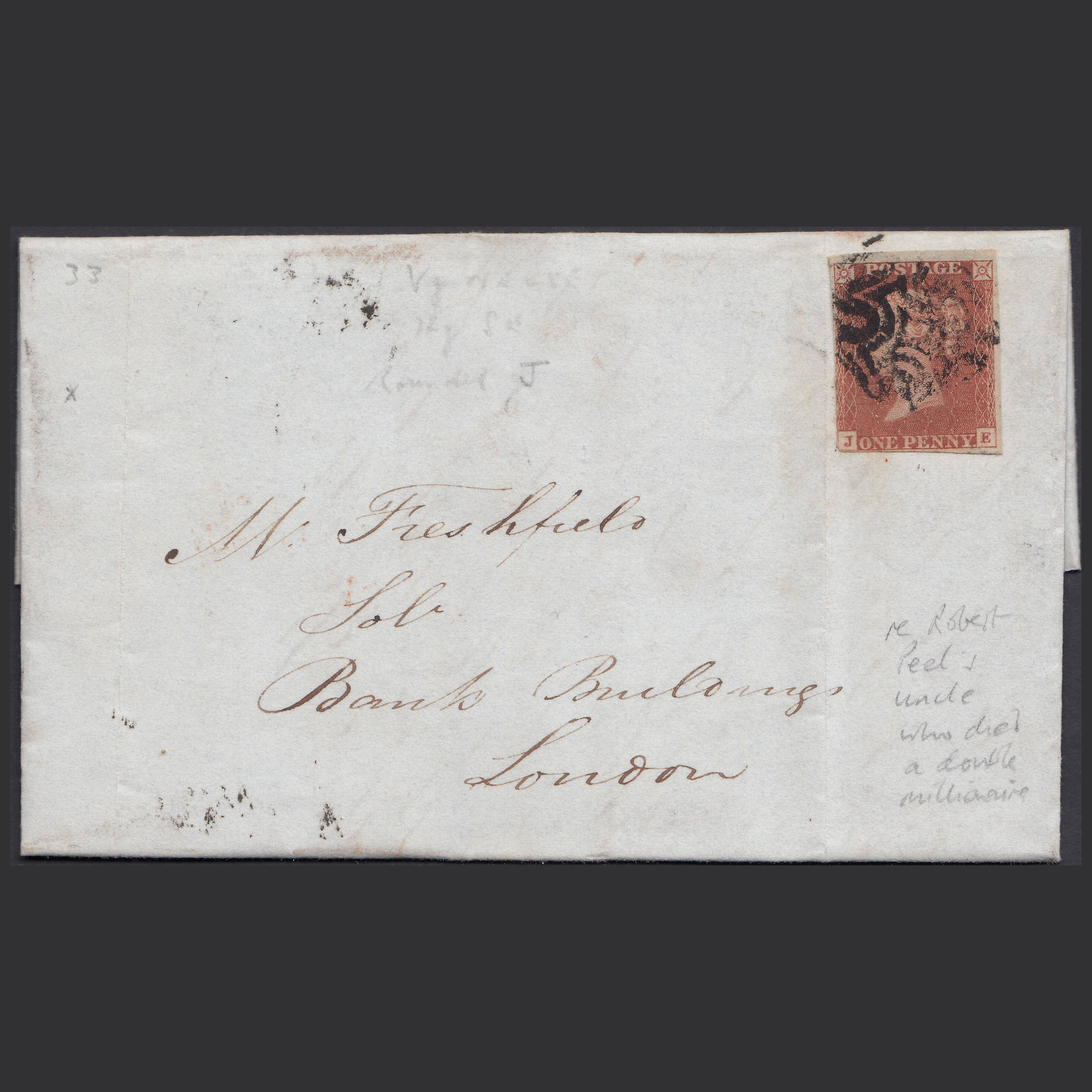 GB QV 1843 1d (Plate 33) SG8-B1(1) JE GU MX on Exeter to London Entire