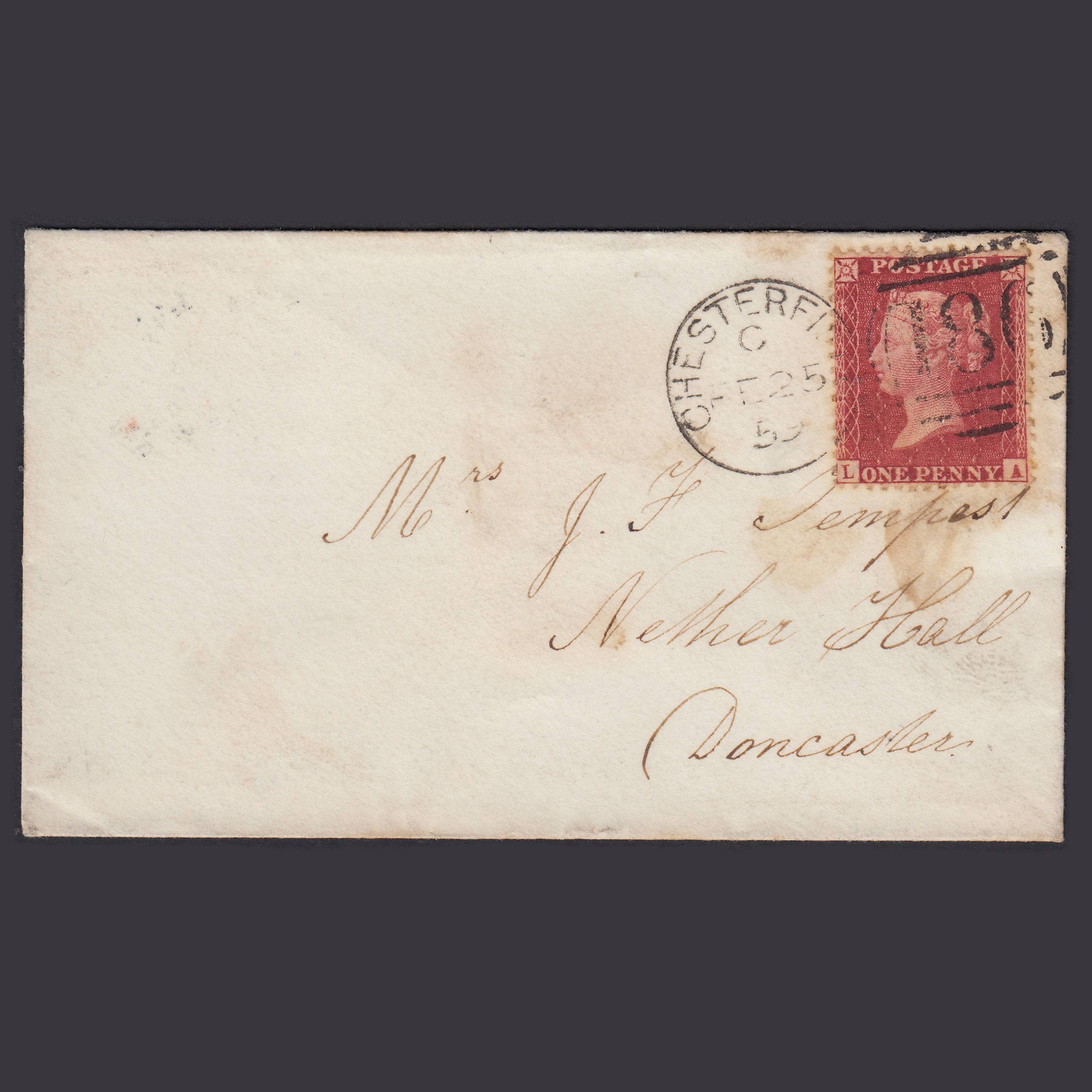 GB QV 1859 1d (Plate 55) SG40-C10(1) LA GU Chesterfield to Doncaster Cover
