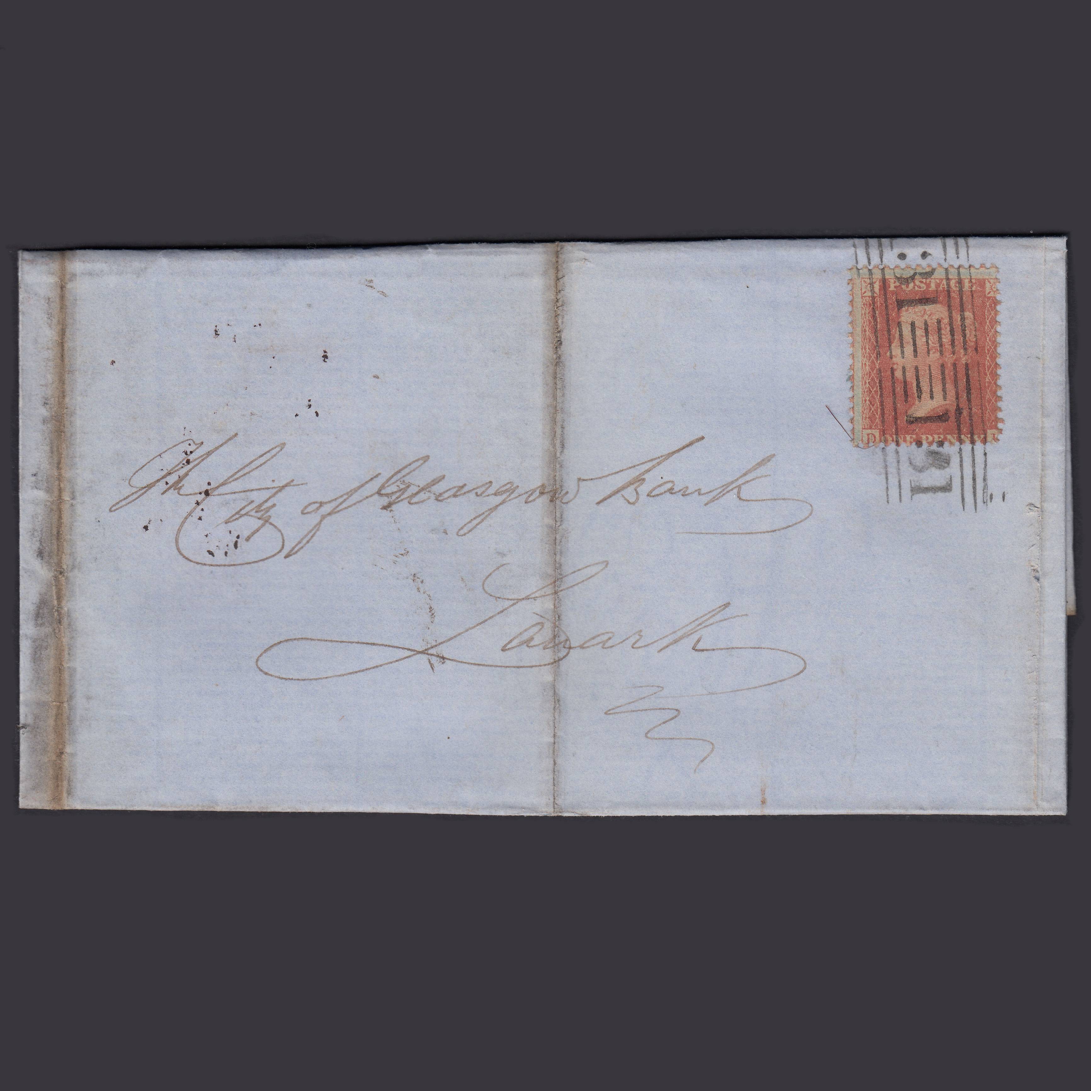 GB QV 1856 1d Red-brown (Plate 28) SG29-C8(1) DH FU Edinburgh Roller Wrapper