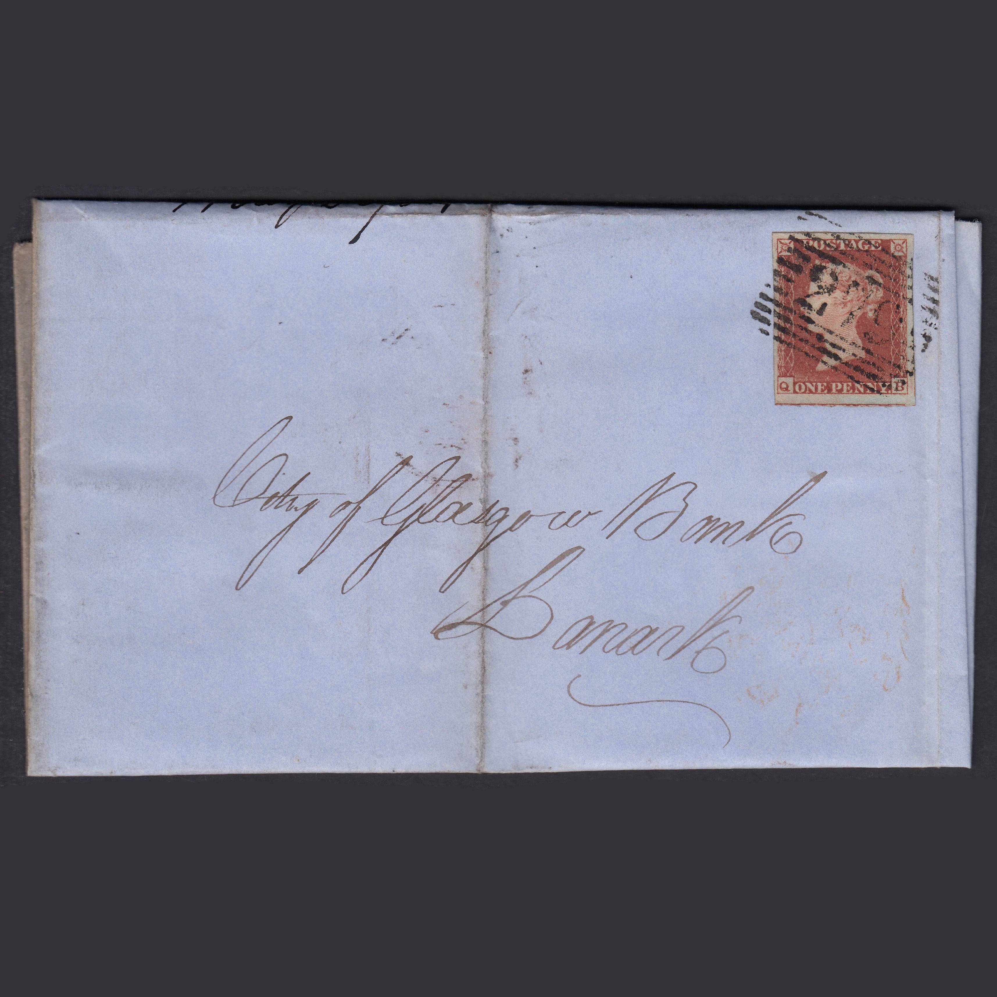 GB QV 1854 1d (Plate 172) SG8-B2(1) QB VFU 4M Peebles to Lanark Wrapper