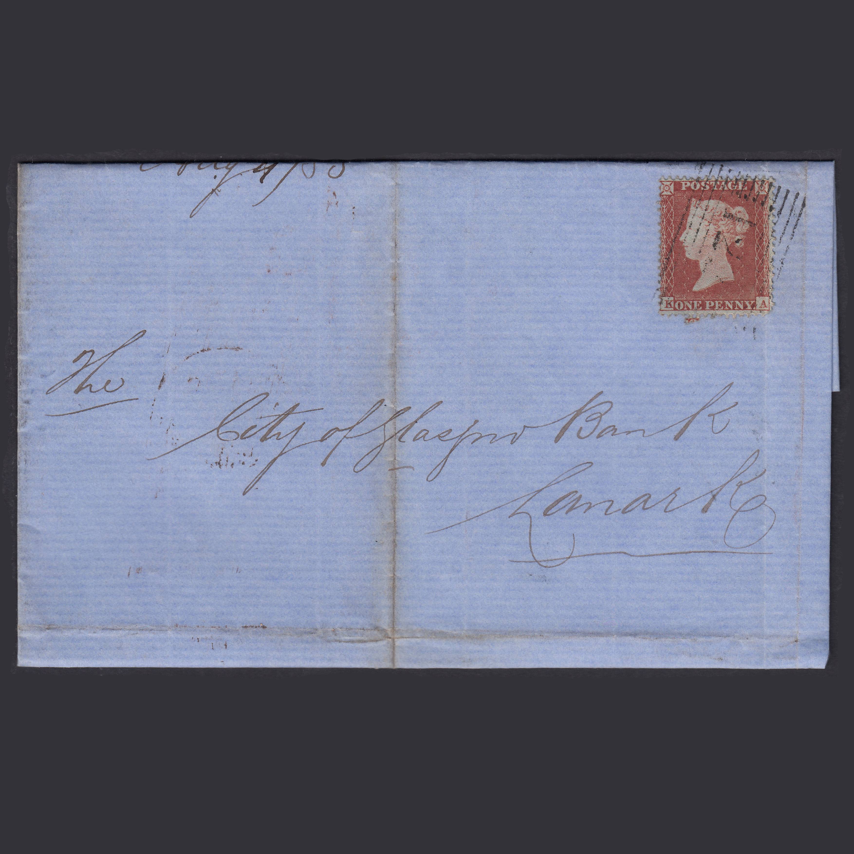 GB QV 1855 1d (Plate 172) SG17-C1(1) KA GU Dunse to Lanark Wrapper