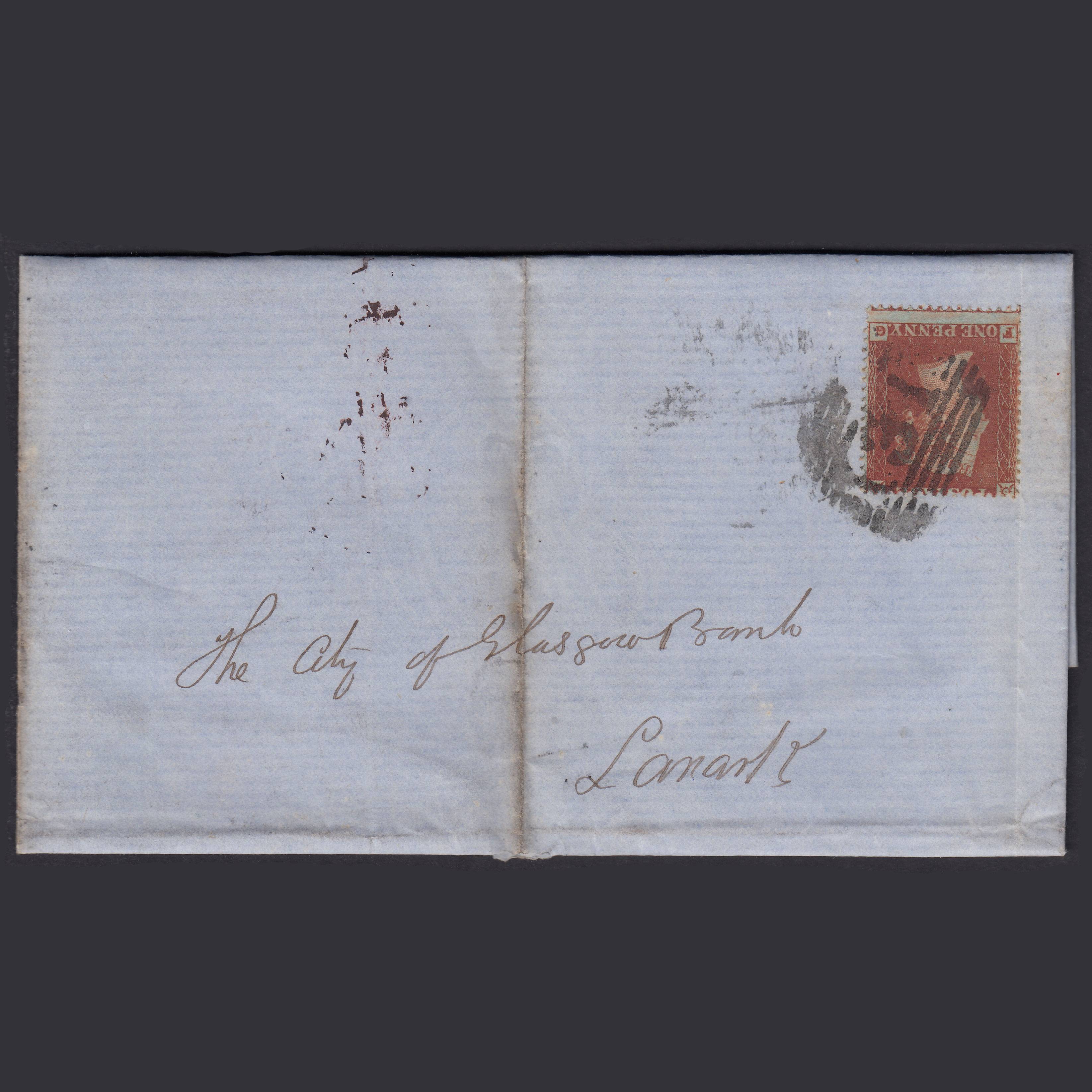 GB QV 1855 1d (Plate 199) SG17-C1(1) FG FU Edinburgh to Lanark Wrapper