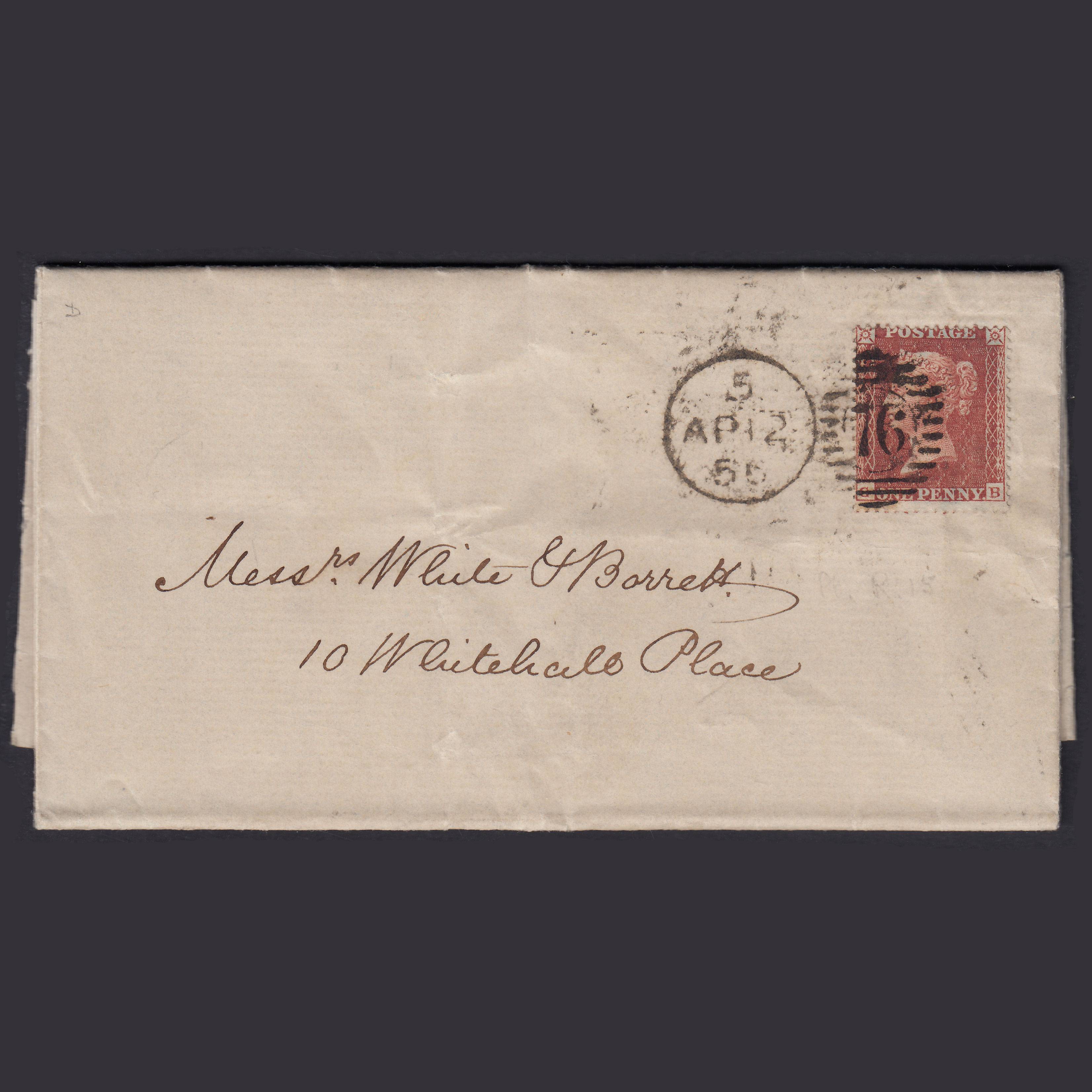 GB QV 1856 1d Red-brown (Plate 2) SG26-C5(1) GB FU on London Entire