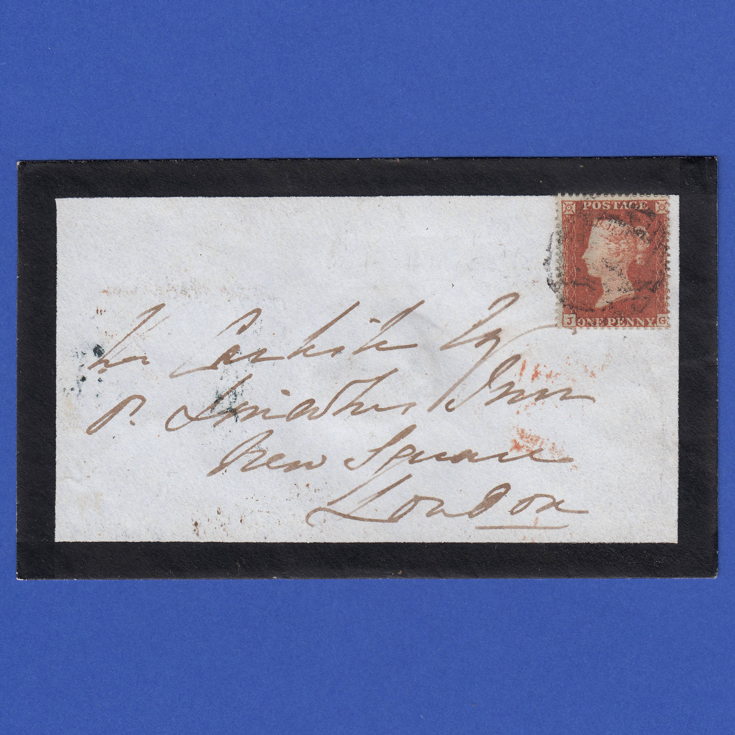 GB QV 1853 1d Red-brown Archer (Plate 94) SG16b-ce2 JG VFU on Mourning Cover