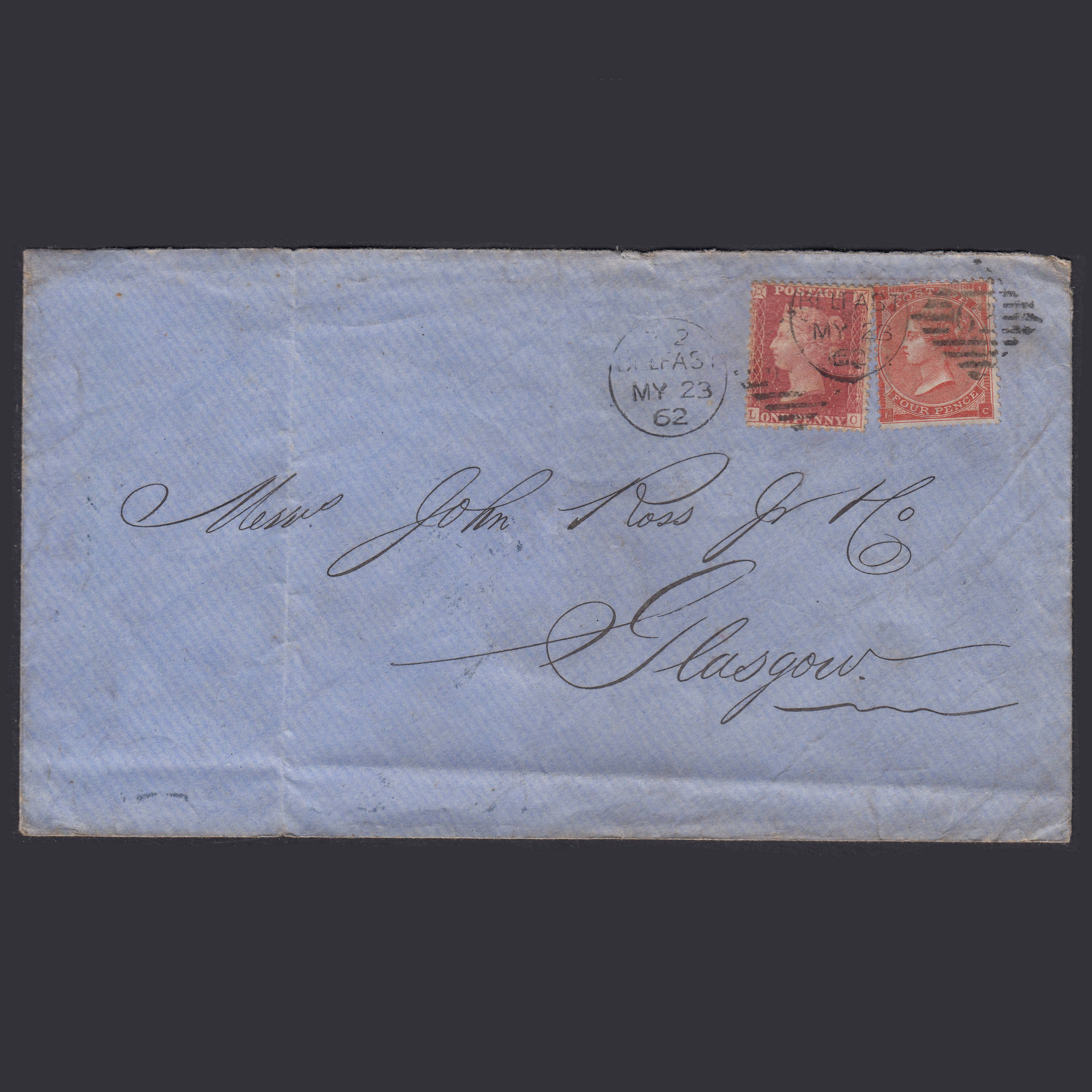 GB QV 1862 4d Pale Red SG80-J52(2) IC FU & 1d SG40-C10(1) Pl 66 on Cover
