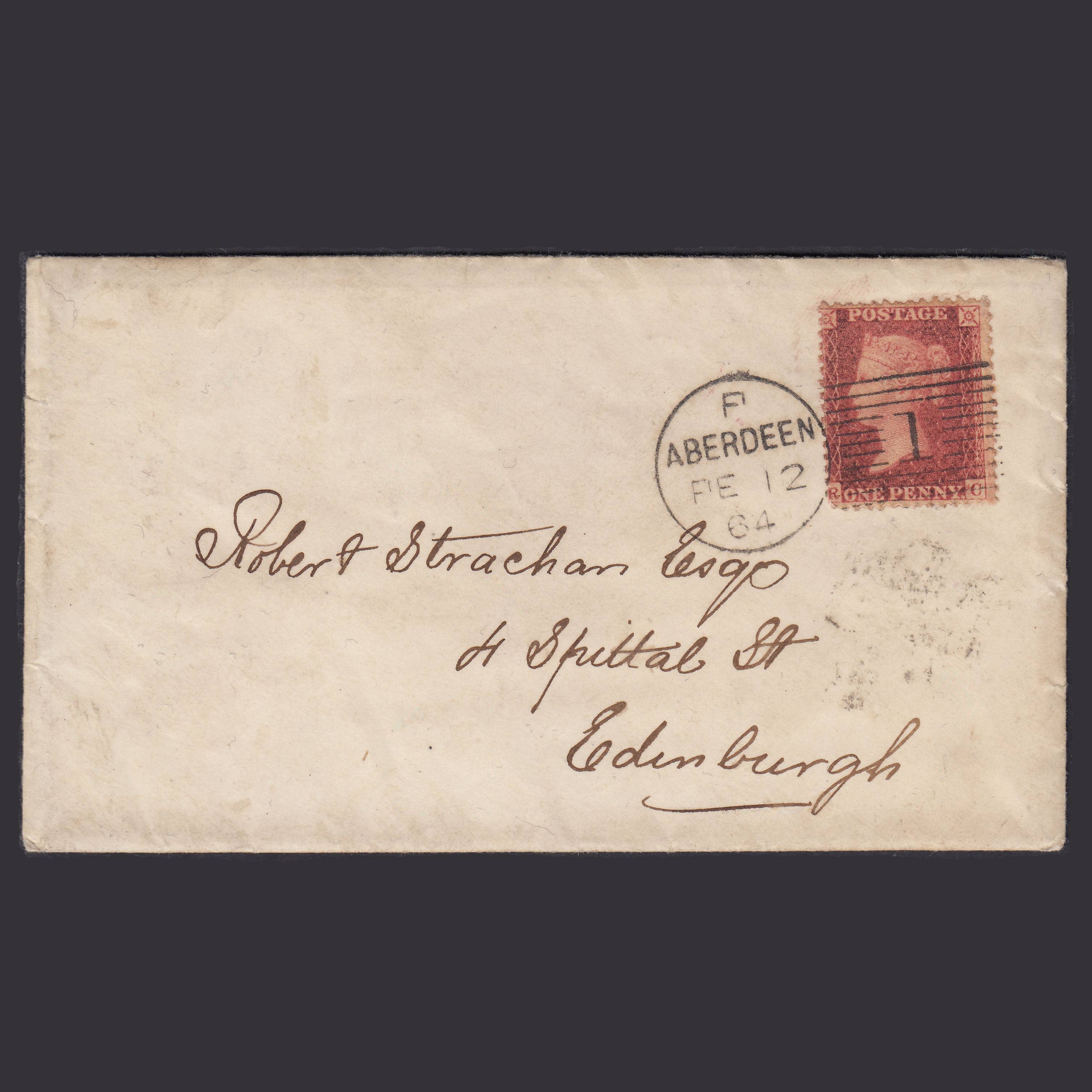GB QV 1864 1d Plate R17 SG40-C10(1) RC GU Aberdeen Cover with Letter