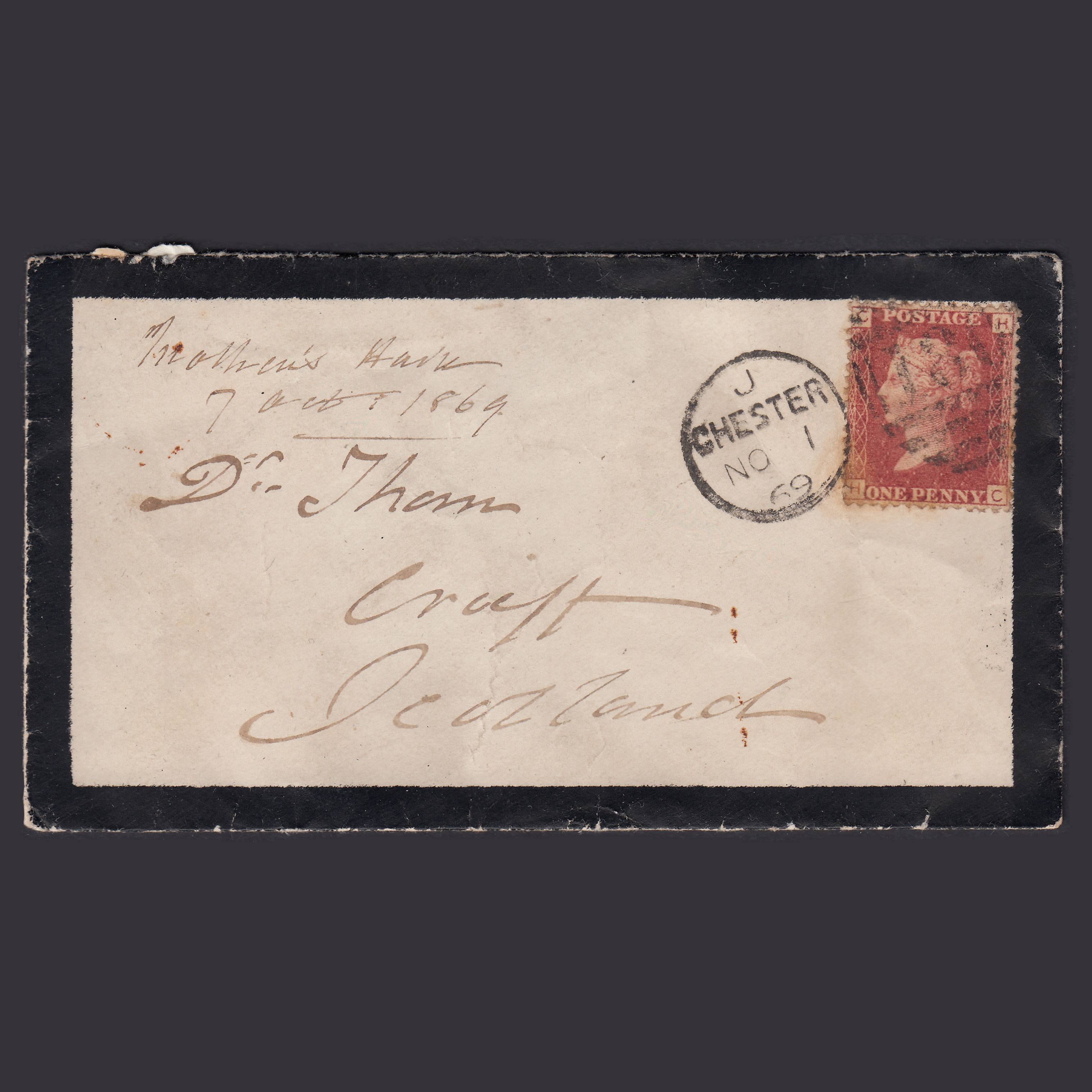 GB QV 1869 1d Plate 107 SG44-G1(2) HC GU Chester Crieff Mourning Cover