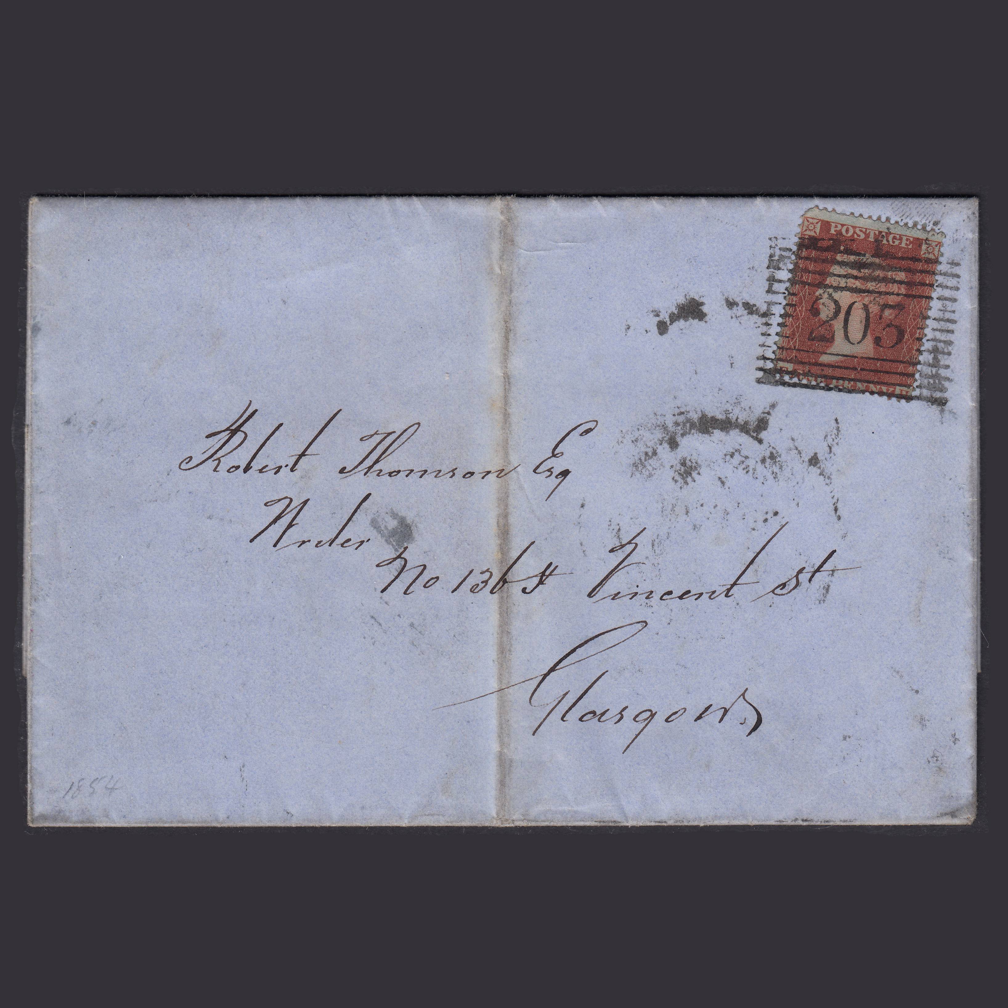 GB QV 1854 1d Plate 186 SG17-C1(1) FH GU Kilmarnock to Glasgow Entire