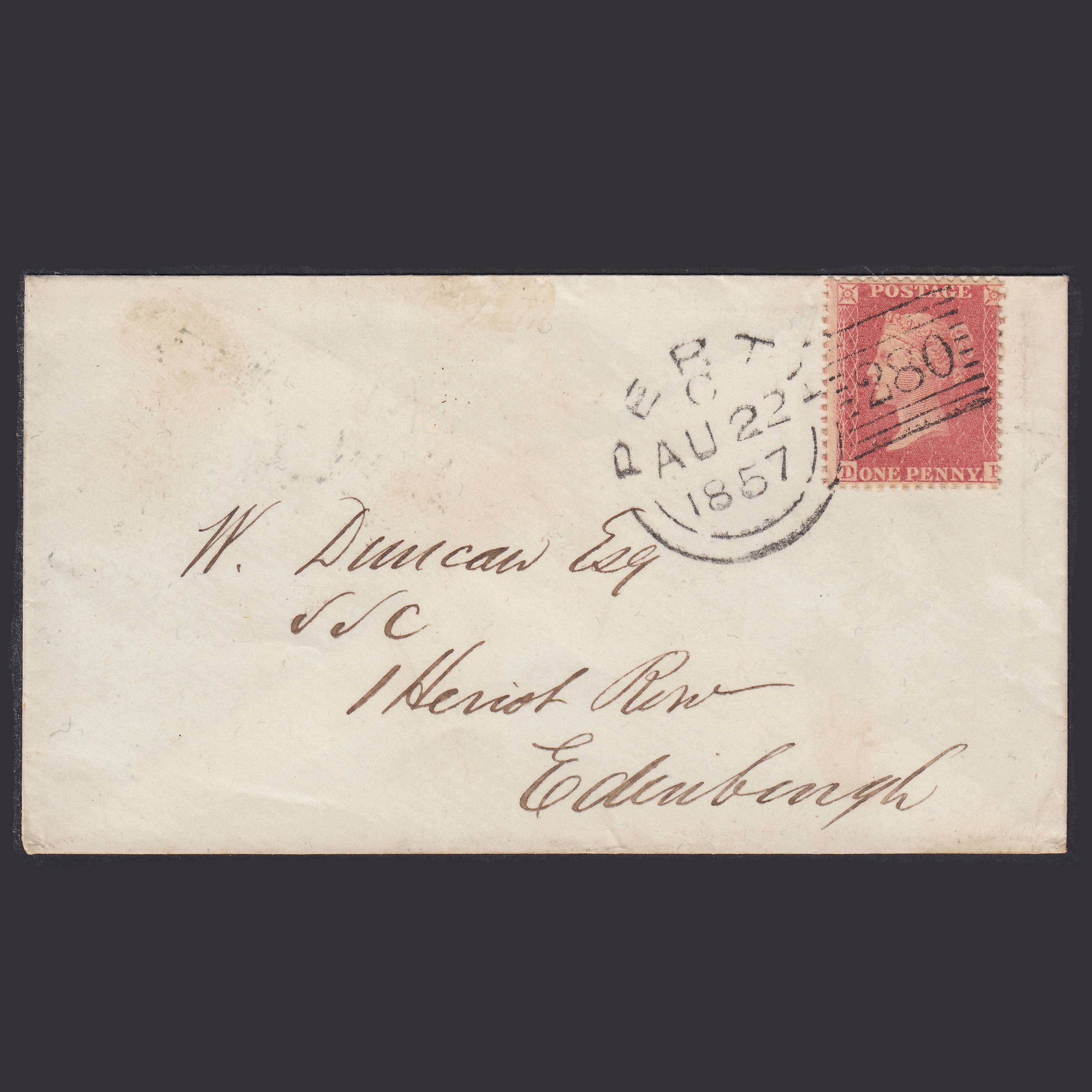 GB QV 1857 1d Rose Plate 42 SGC9A(2) DF VFU Perth Experimental On Cover