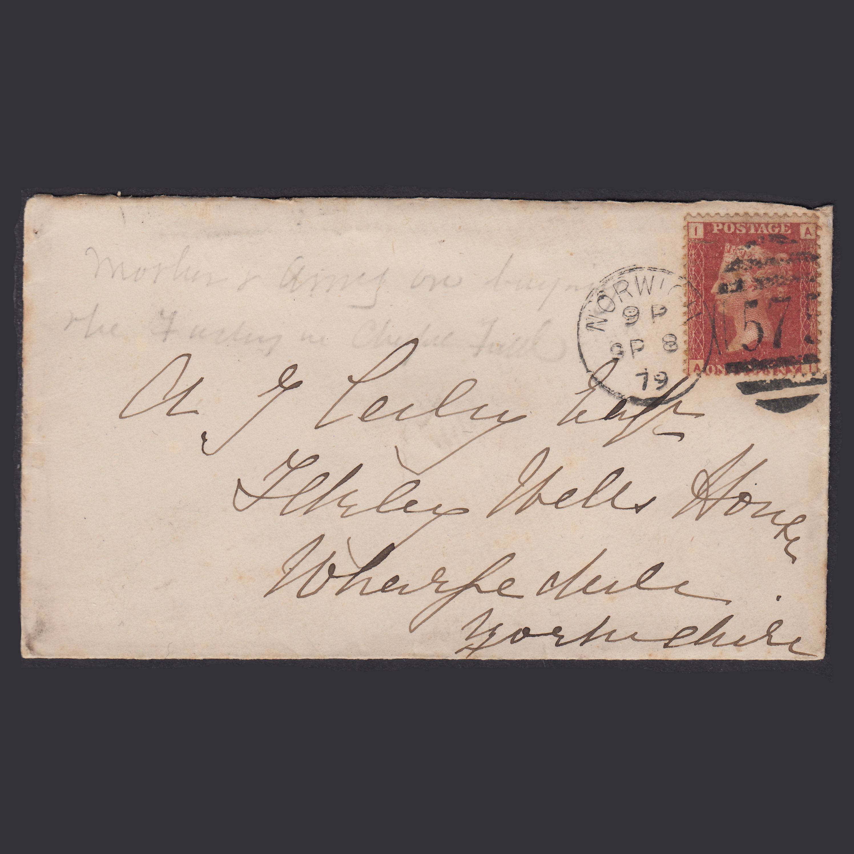 GB QV 1864 1d Plate 222 SG44-G1(2) AI GU Norwich Wharfedale Cover