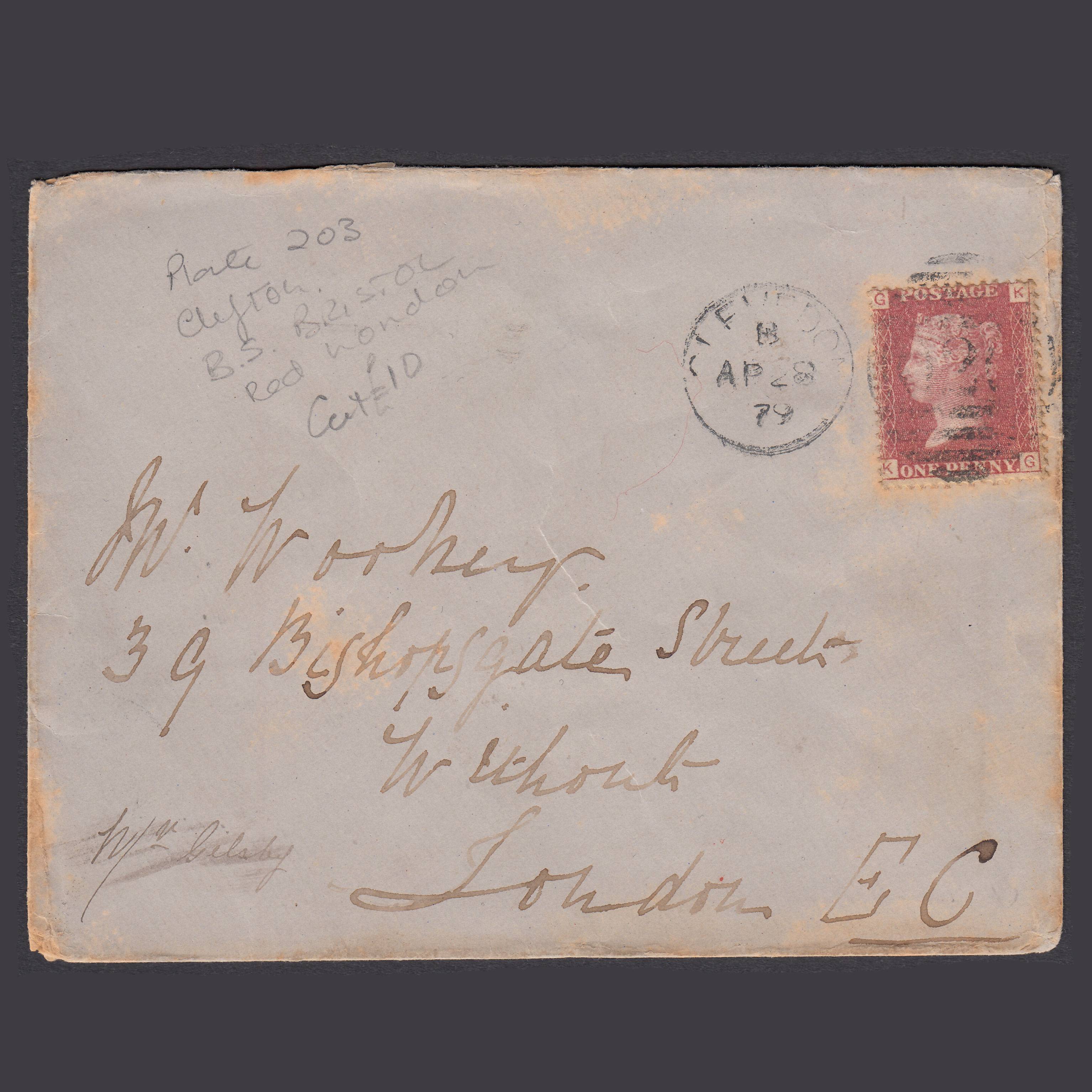 GB QV 1879 1d Plate 203 SG44-G1(2) KG GU on Clevedon To London Cover